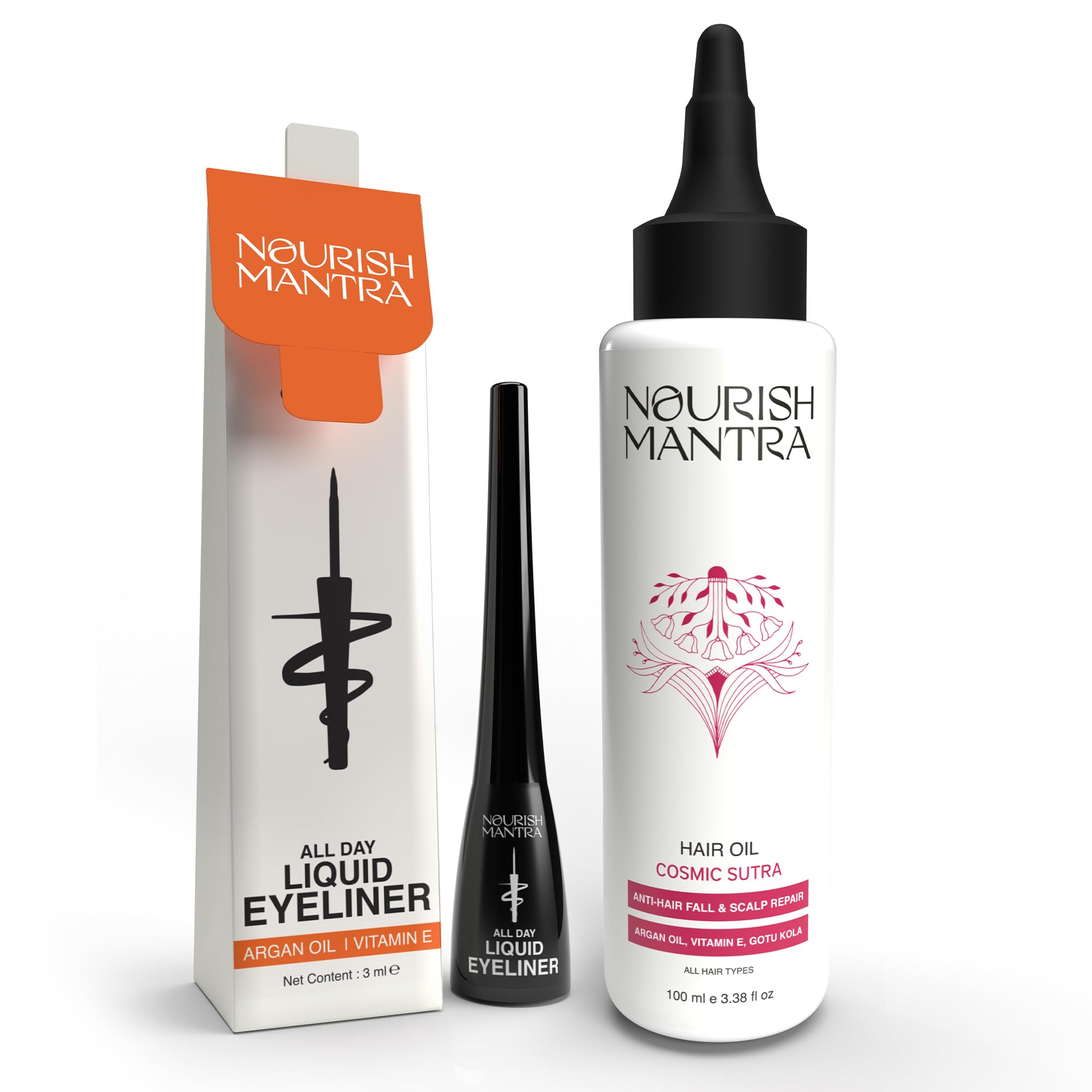 Nourish Mantra All-Day Liquid Eyeliner 3ml and Cosmic Sutra Vitamin E Hair Oil For Women Men 100ml Combo