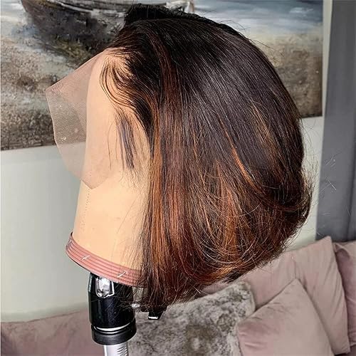 Miniatura 9 de ten chopsticks Peluca frontal de color marrón con reflejos 1b30, peluca de encaje transparente HD invisible peluca de encaje corto Bob prearrancado