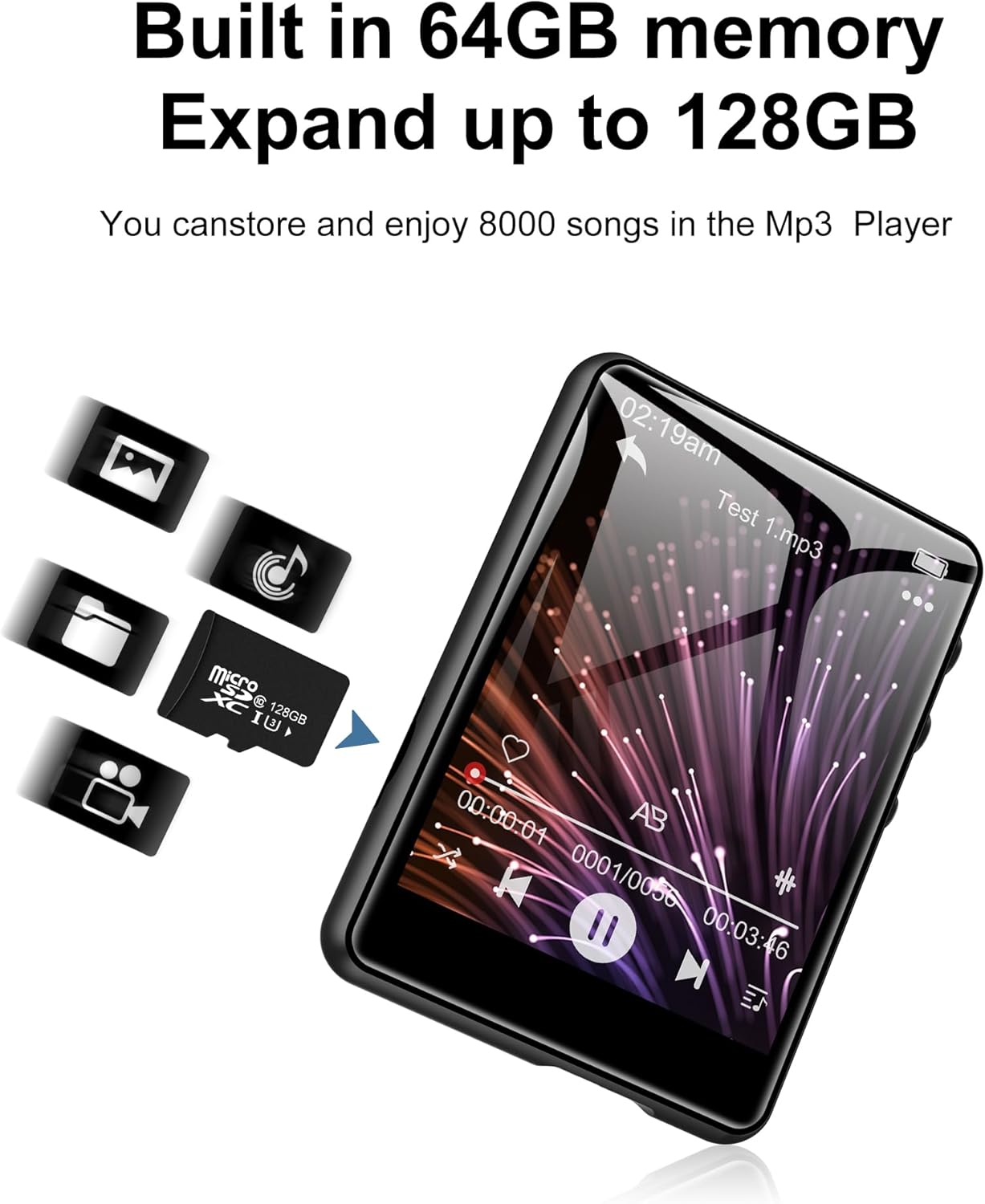 SWOFY M4 MP3 Player showing a Micro SD card being inserted into the slot.