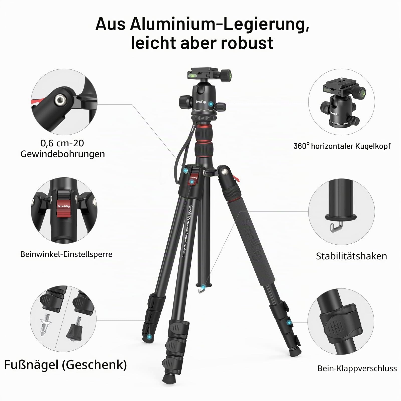 SMALLRIG 71" Kamera-Stativ, Faltbares Aluminium-Stativ Einbeinstativ, 360°Kugelkopf Abnehmbar und Schnellwechselplatte, mit Smartphone Klemme, Nutzlast 15kg 33lb, 71in/180cm - 3935