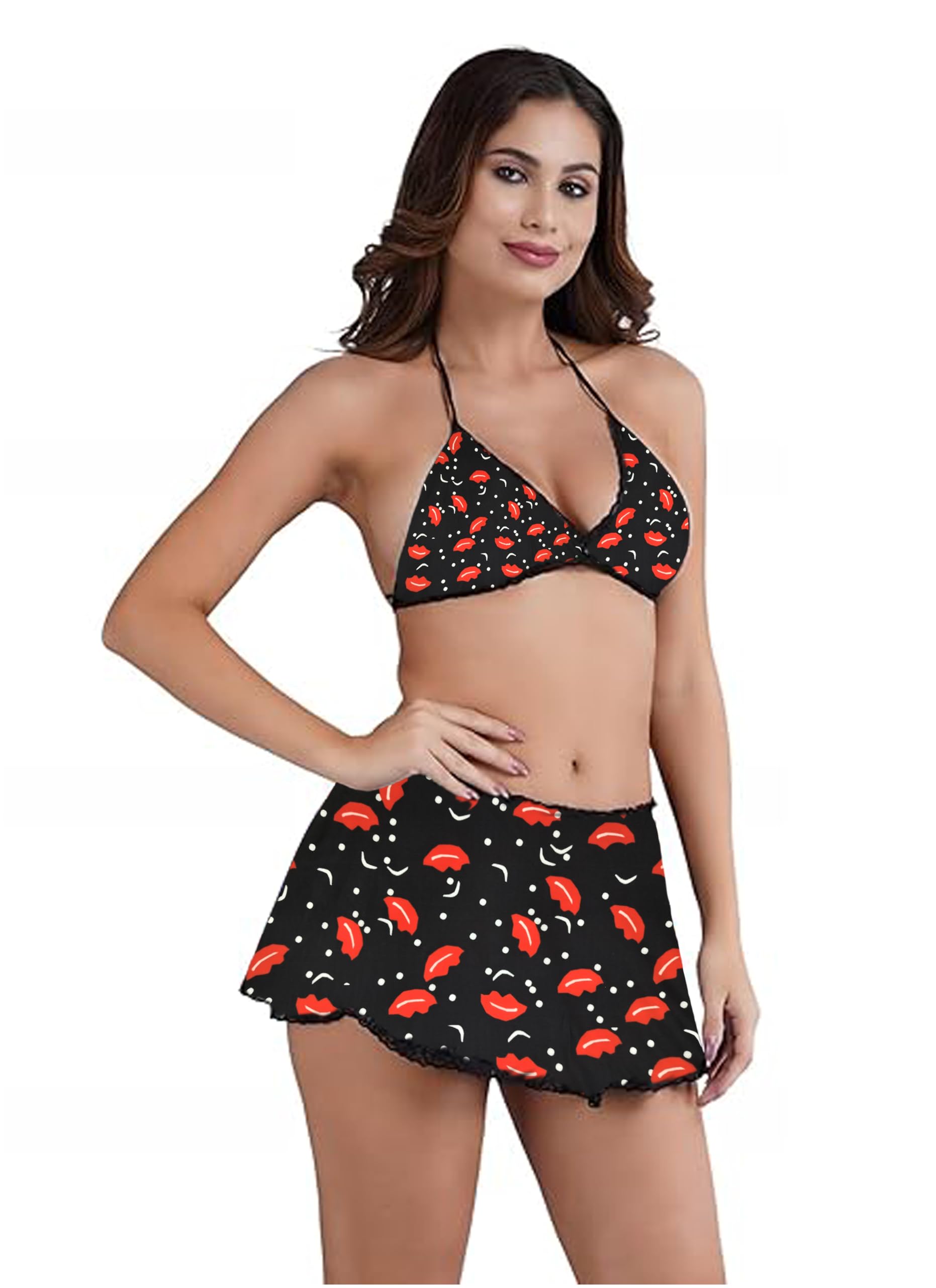 fihana Women's Trendy Bikini Set | Stylish Halter Neck Bikini Top with Matching Flared Skirt | Black Babydoll with Red Lip & Polka Dot Print-picture-33
