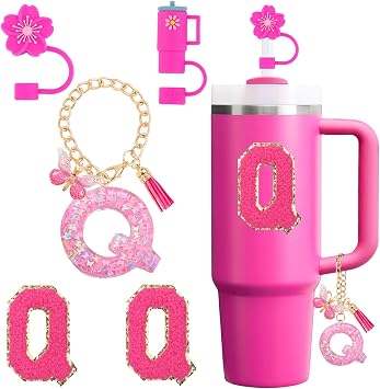 Cup Accessories Set for Stanley Cup 30oz 40oz tumbler with handle, Including Silicone Straw Topper Cover Cap, Handle Charm, Initials Sticker Fuchsia Q