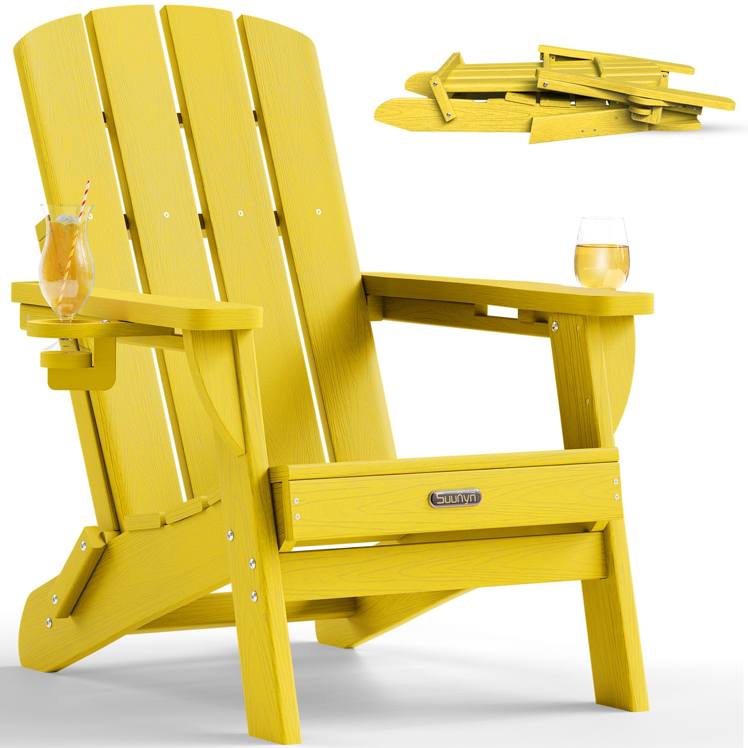 SUUNYN Folding Adirondack Chair Yellow with 2 Cup Holders