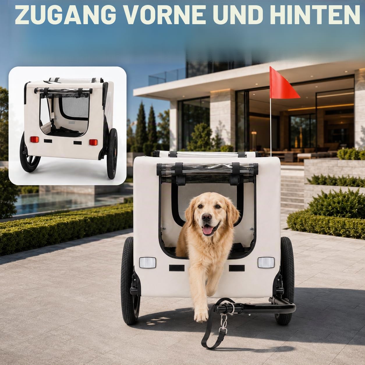 zoomundo Fahrradanhänger Hundeanhänger Transport - Jacky in Beige/Schwarz | Stabiler Hundeanhänger mit 15-Zoll-Luftreifen, 40 kg Zuladung, Regenschutz, Fliegengitter & klappbarem Rahmen.