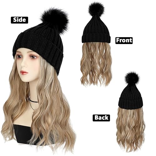 Miniatura 3 de Cephermer Gorro para mujer con pelo adjunto, gorro de punto cálido con pompón unido de 14 pulgadas de largo, ondulado, extensiones de cabello