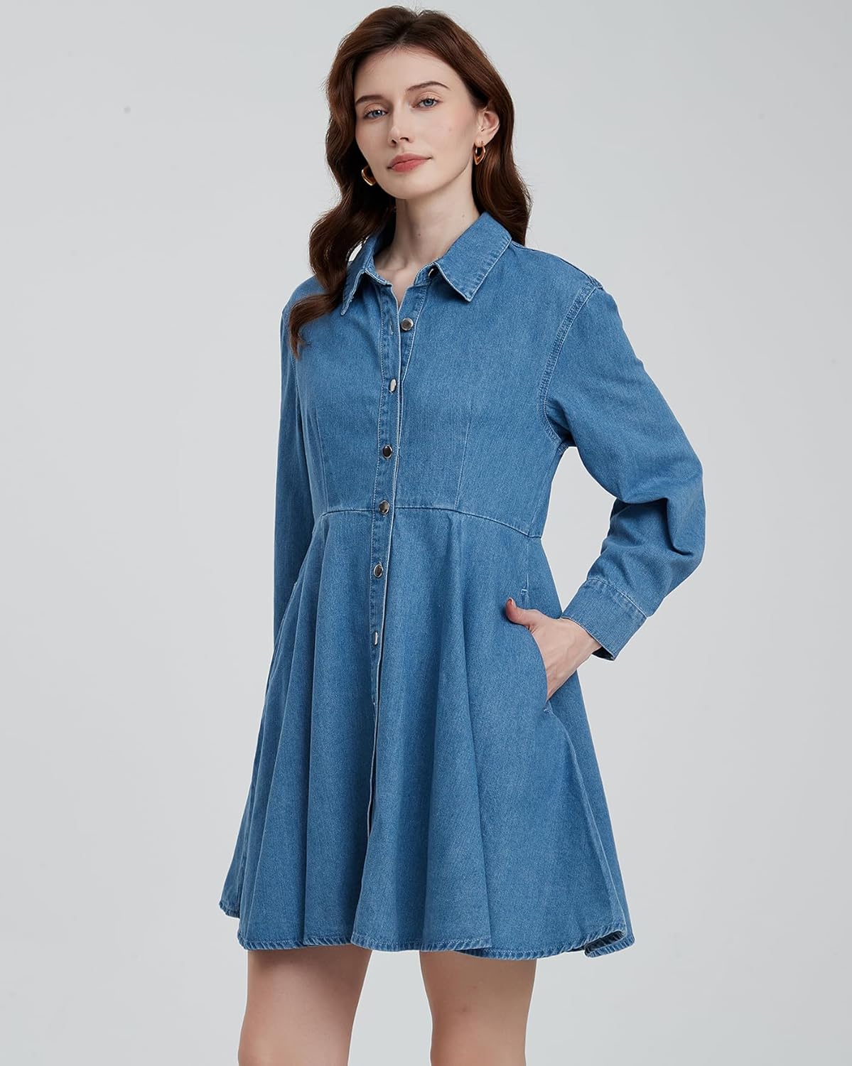 Women's Button Down Denim Mini Dress Long Sleeve Collared V-Neck Ruffle Hem Flowy Short Jean Dresses - Image 4