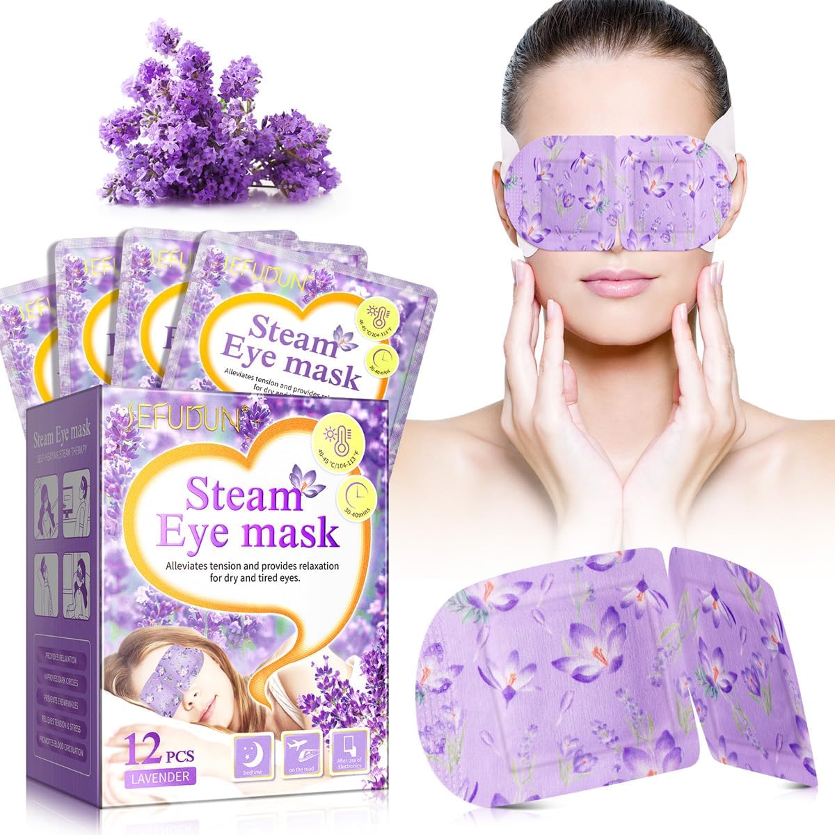 12Pcs Steam Eye Mask, Self Heating, Lavender, Disposable Warm Compress for Dry Eyes, Puffy Eyes & Eye Fatigue Relief for Home Office Travel