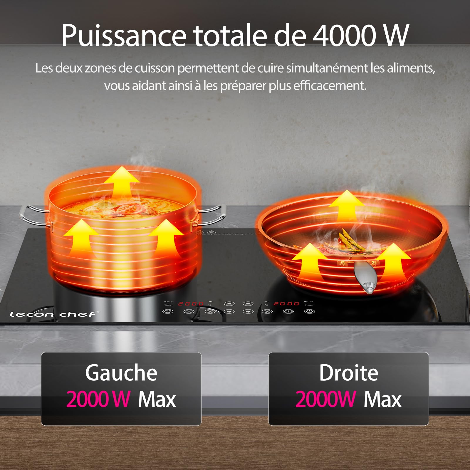 Podwójna płyta indukcyjna, 2 płyty 2000 W + 2000 W, niezależne sterowanie, 10 poziomów temperatury i poziomów mocy, wyświetlacz dotykowy, timer 240 min