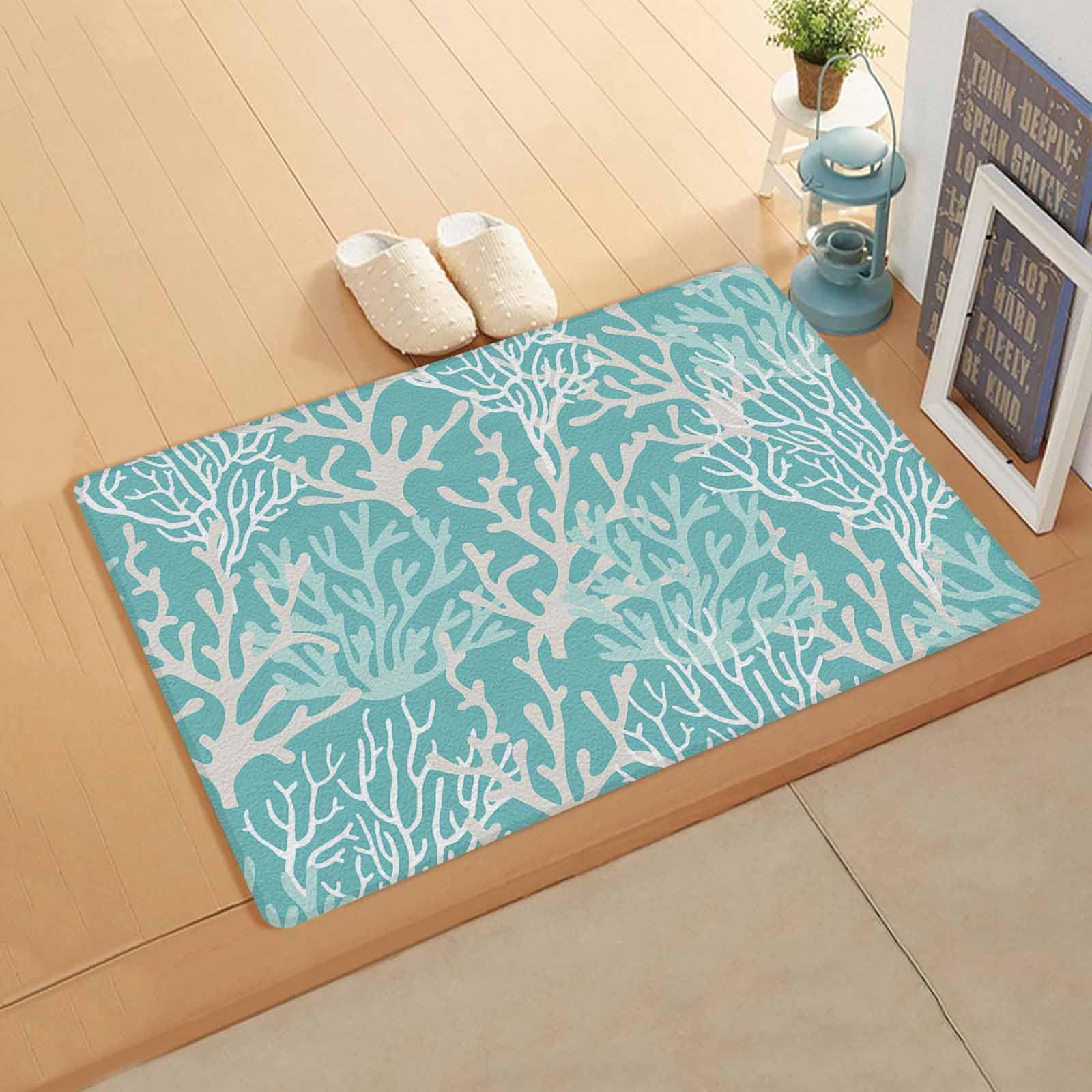 Turquoise Geometric Coral Antifatigue Kitchen Bath Door Mat Cushioned Runner Rug,Washable Welcome Floor Sink Mat,Waterproof & Non-Slip Kitchen Standing Doormat,Contemporary Minimalist White 18