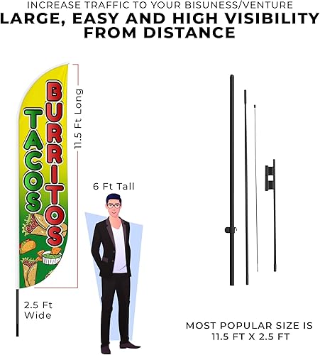 Miniatura 3 de DreamController - Bandera de plumas de tacos y burritos (11.5 pies x 2.5 pies)  Bandera alta para publicidad de negocios al aire libre  Bandera