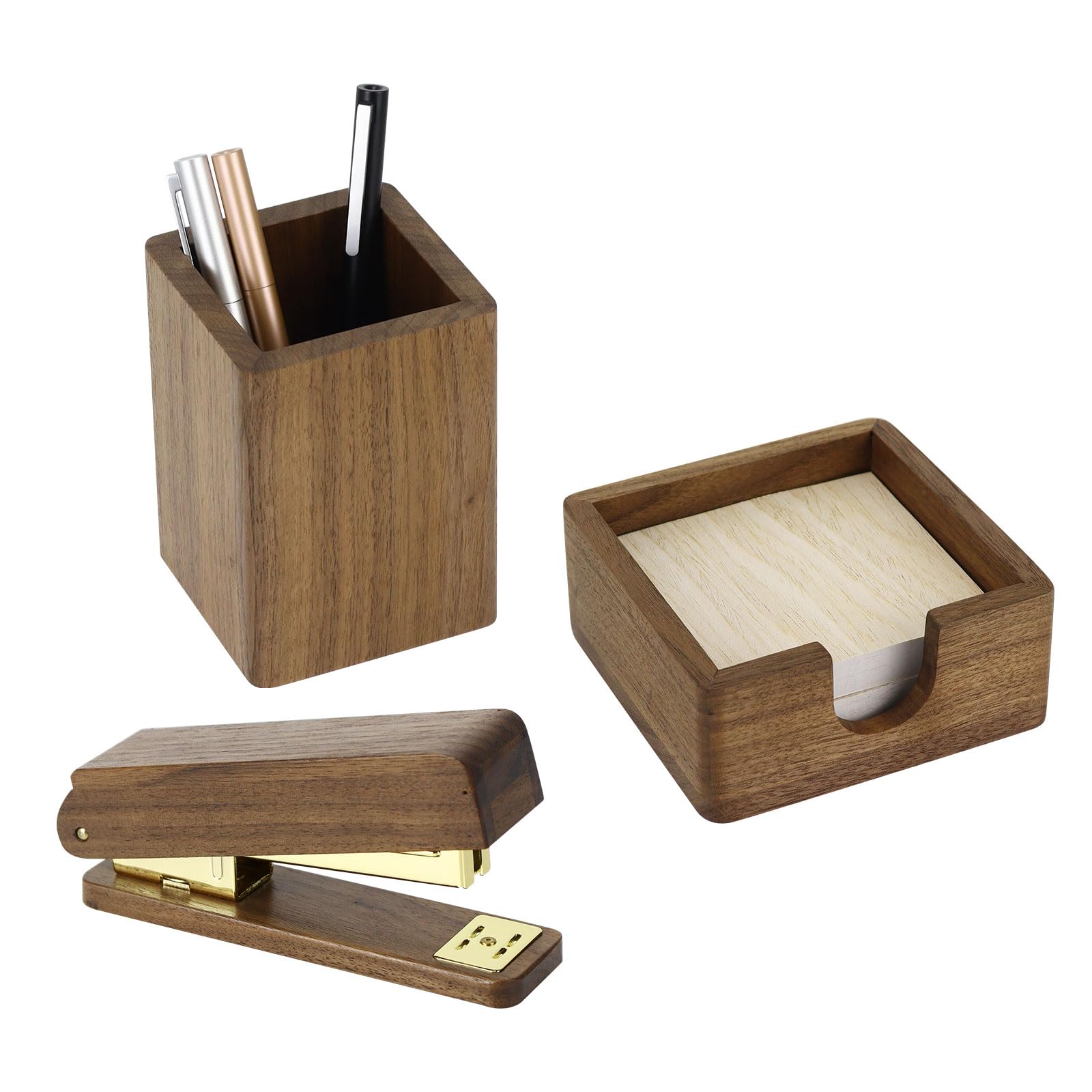 Walnut Wood Desk Organizer Set - 3-Piece Home Office Storage with Pen Holder, Note Clip & Stapler Portable Wooden Office Supplies Set for Students Eco-Friendly Desk Accessories