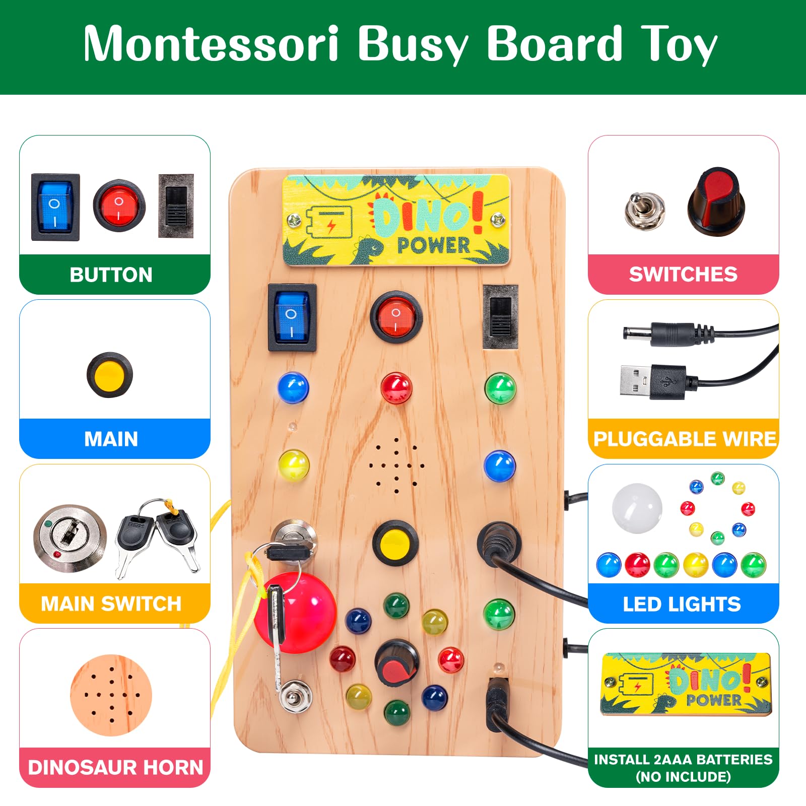 Carehabi Tableau Montessori Busy Board,Jouet Sensoriel éducatif pour Bébé 1 2 3 4 Ans,Tableau d'activités Electroniques avec 6 Interrupteurs,14 Lumières LED pour Cadeau de Noël et d'anniversaire