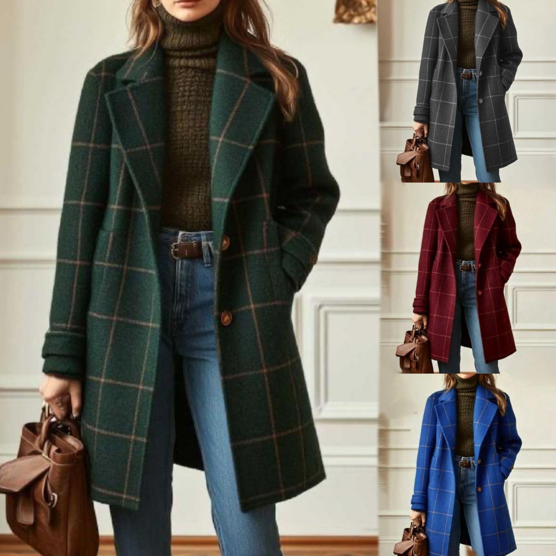 Manteau Laine Femme Manteaux Longs En Laine À Carreaux Pour Femmes Grandes Tailles Trench Coat Rétro À Revers À Carreaux Caban Tendance Veste En Tweed À Simple Boutonnage Vêtement D