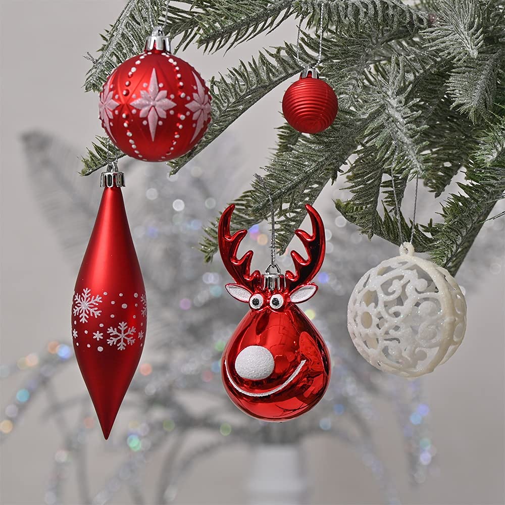 YUHINN Adornos Navidad 92Pack Bolas de Navidad Adornos Árbol de Navidad Rojo Blanco Glitter Estrella Estrella Topper Colgantes Colgantes Set for Decoración del Hogar Decoración Navideña