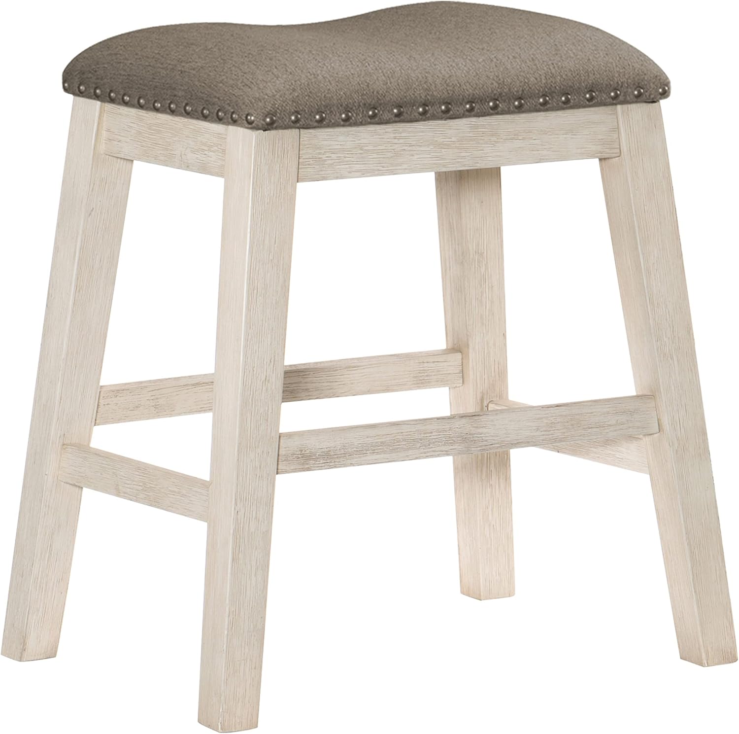 Lexicon Counter Stools Set of 2 - Brown Fabric Padded Stool Seat Height 24.5", Counter Height Kitchen Chairs with Solid Wood Frame, Footrest, Nailhead Trim, Easy Assembly, Antique White