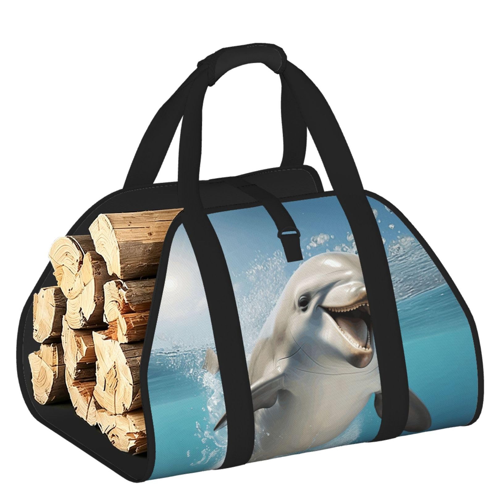 Funny Animal Dolphin Printed Firewood Carrier Bag, Log Tote with Open-Ended Design for Camping Outdoor Wood Hauling