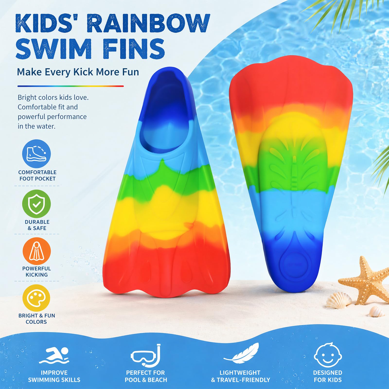 Palmes de natation courtes en silicone pour enfant XS S - Antidérapantes douces et confortables pour la natation, l'apprentissage de la piscine, la plongée avec tuba