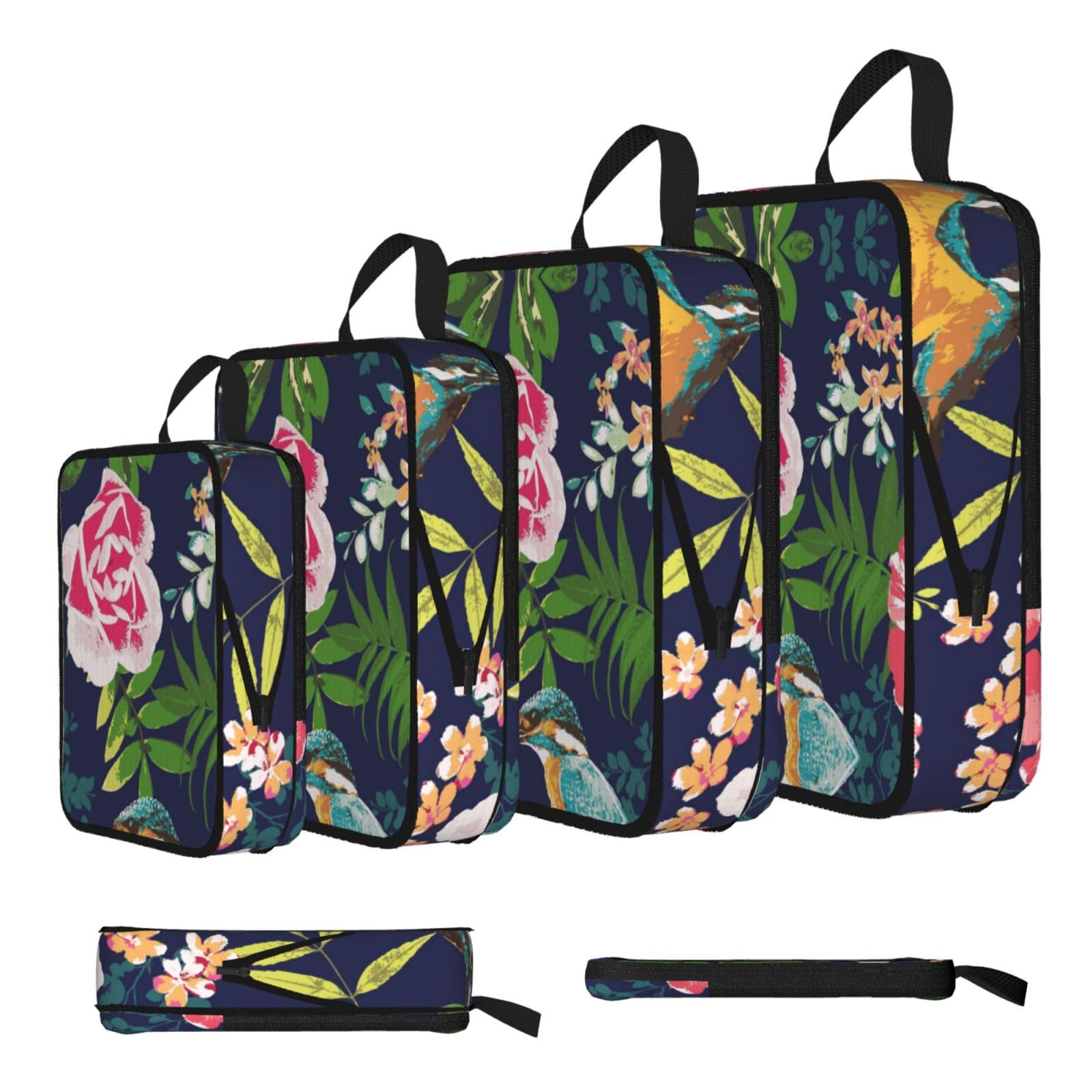 Esnaiuvcd Black Birds And Flowers Print 4 Set Compression Packing Cubes For Suitcases,Expandable Storage Bags Organizers