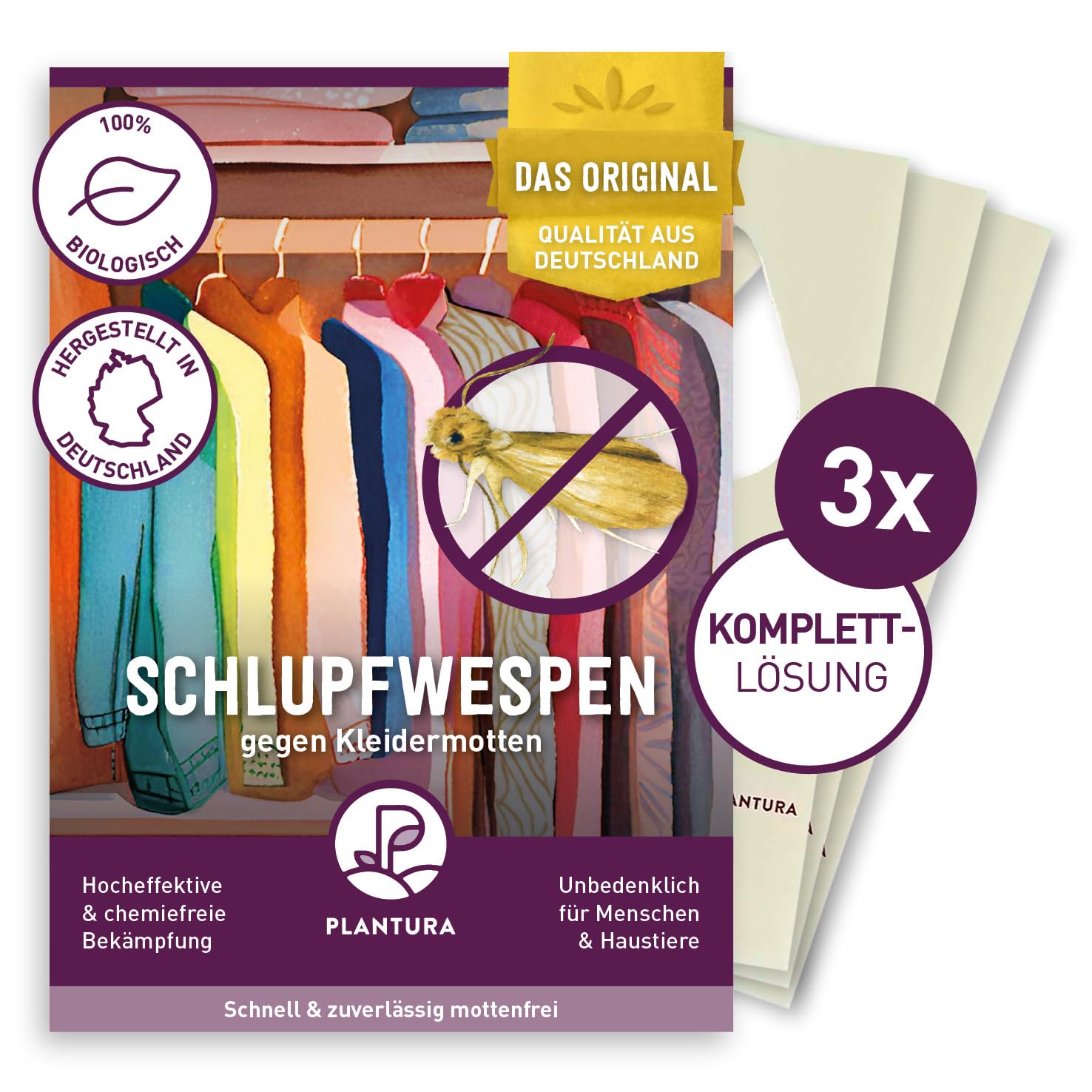 Plantura Schlupfwespen gegen Kleidermotten, Komplett-Lösung mit 12 Karten (3 Karten à 4 Lieferungen) - hochwirksame & nachhaltige Bekämpfung, Alternative zu Mottenkugeln