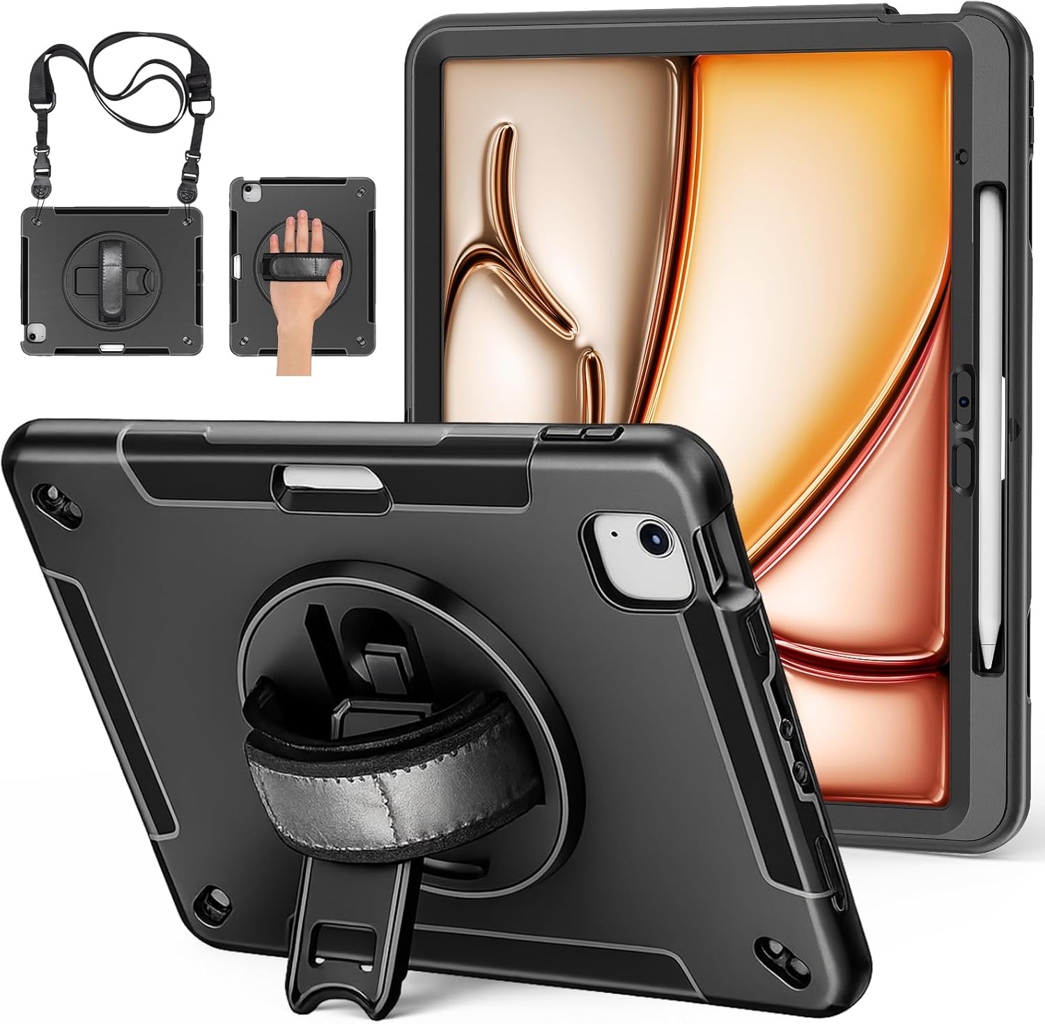 Miesherk Case for iPad Air 13 Inch 2026 M4/M3, iPad Air 13 Inch Case with Built-in Screen Protector, 360° Rotating Stand, Pencil Holder, Adjustable Shoulder Strap, Black