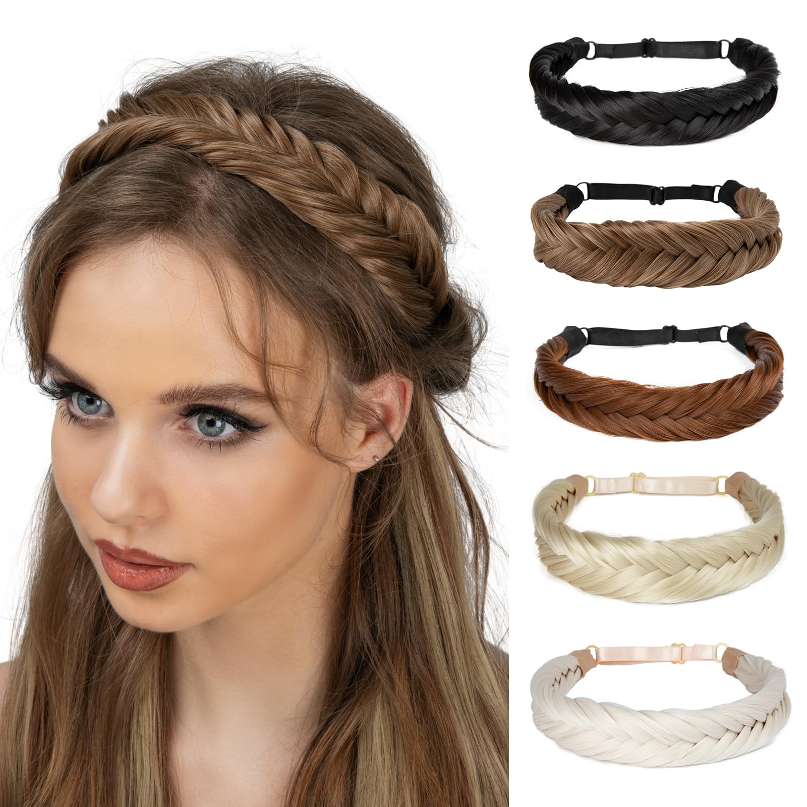 Synthetic Hair Braided Headband Classic Wide Strands Wedding Disorderly Fluffy Braids Wig Band Women Beauty Accessory Medium Ash Brown
