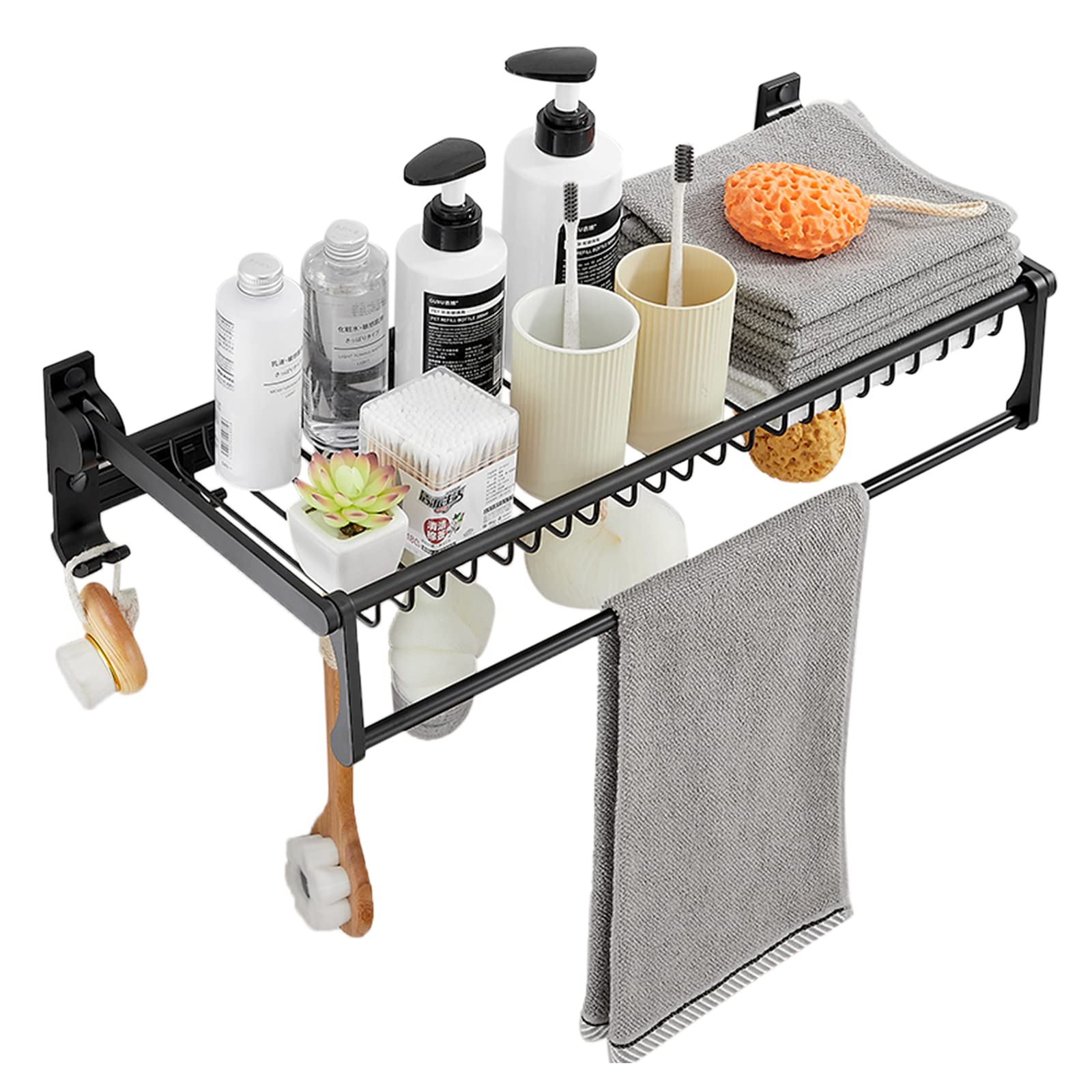 NEECS Porte-Serviettes avec Crochet Porte-Serviettes Auto-adhésif Noir sans perçage Support Mural Espace Pliable en Aluminium pour Salle de Bain et Cuisine, 50 cm (Taille : 40 cm)