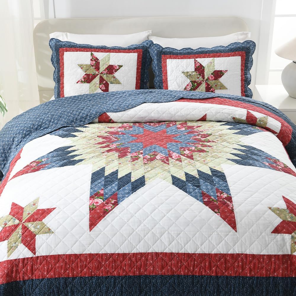 Cotton Quilt Bedding Sets 3 Pieces Soft Reversible Coverlets Luxury Star Handmade Real Patchwork Red Blue Bedspread, King Size - Image 6