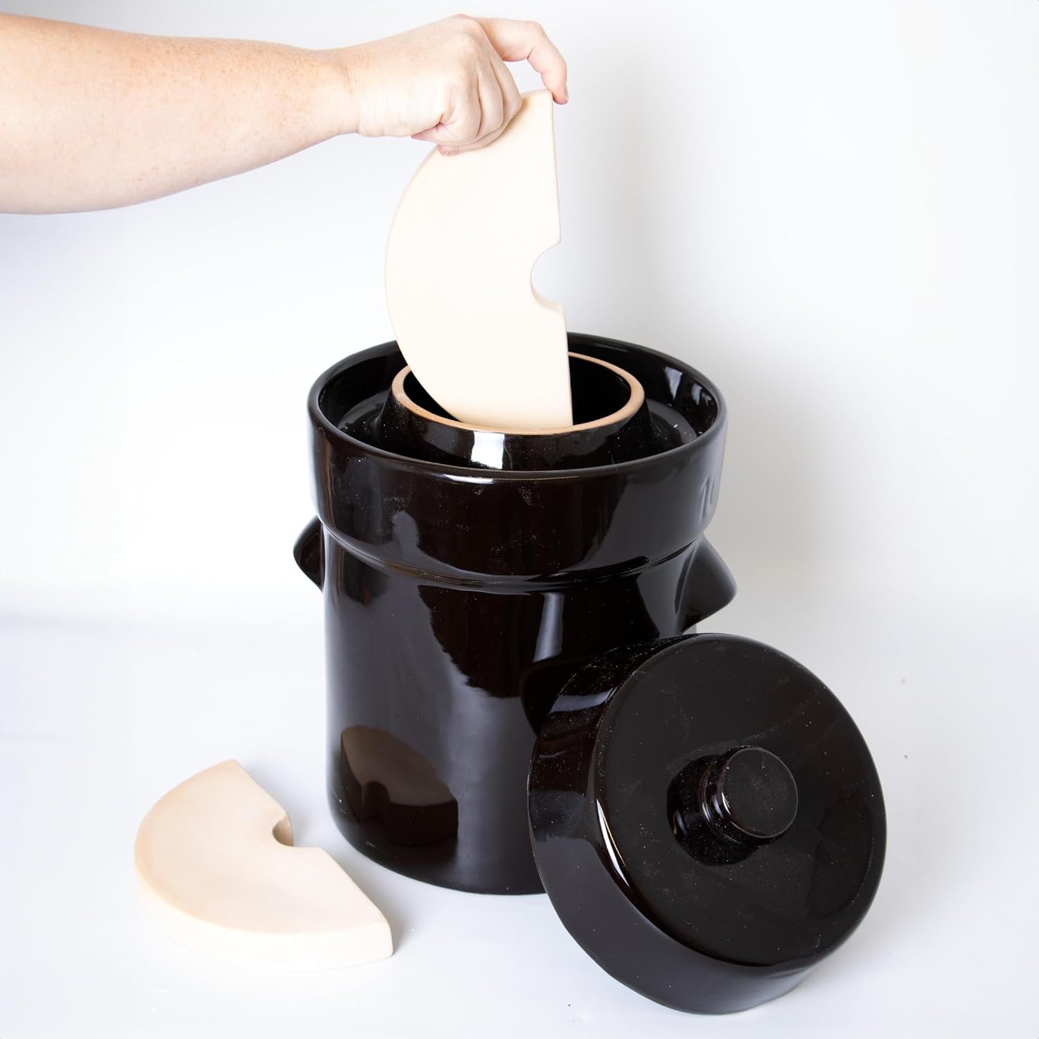 Lehman's European Style Fermentation Crock Set with Wooden Stomper and Fitted Weights, Set to Preserve Sauerkraut Pickles Kimchi and More, 2.6 Gallon