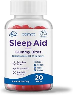 CalmCo Adult Sleep Aid Gummy Bites - Non-Habit Forming Sleep Support with Diphenhydramine HCl 25 mg, Easy-to-Chew Nighttime Sleep Aid Gummies, Promotes Better Sleep, and Fall Asleep Faster, 20 Count