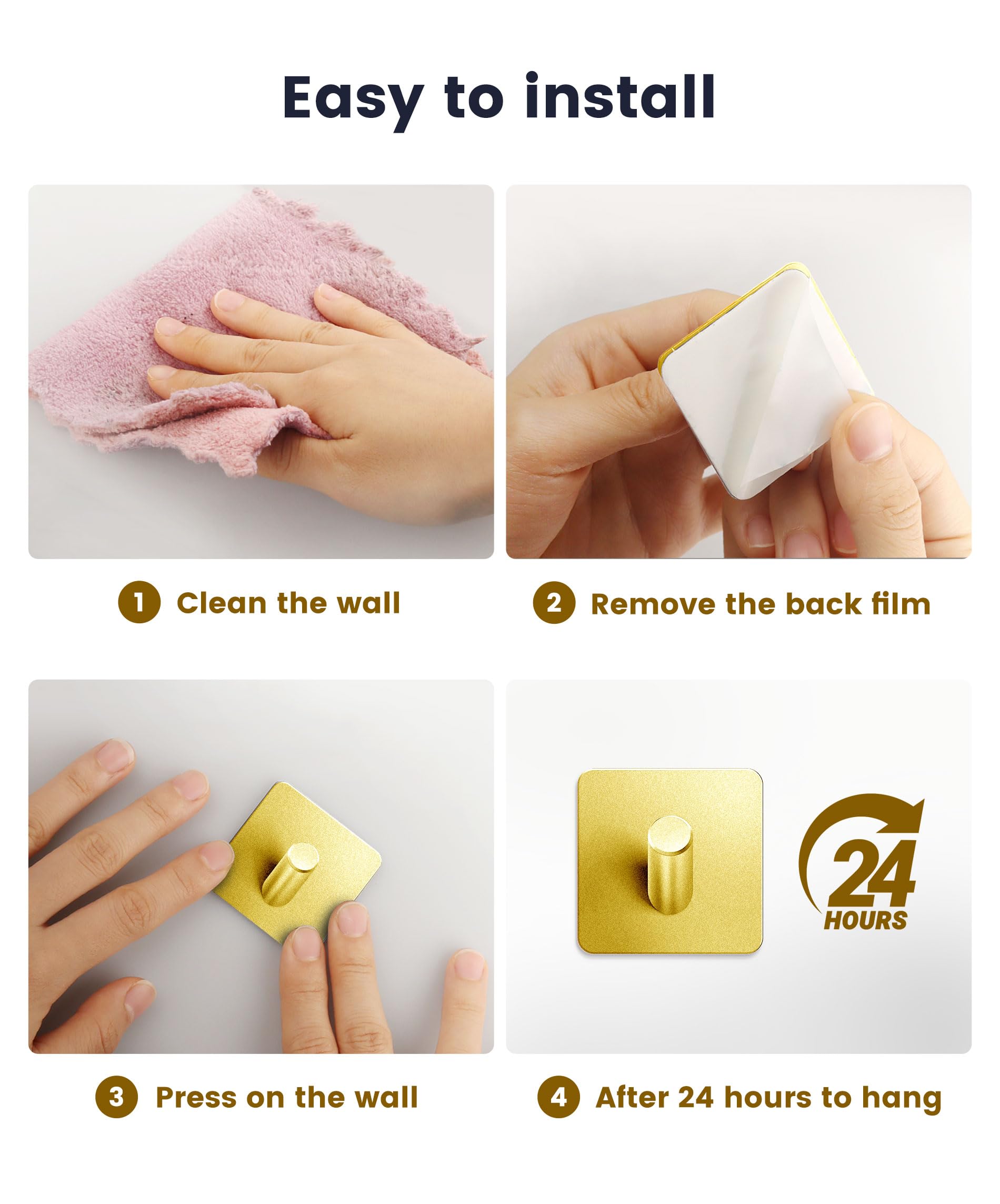 xdgeLoad Ganchos adhesivos resistentes, paquete de 8 ganchos adhesivos para toallas de baño, ganchos de pared adhesivos para baños/abrigos/batas/cocina, ganchos autoadhesivos sin perforación, acero