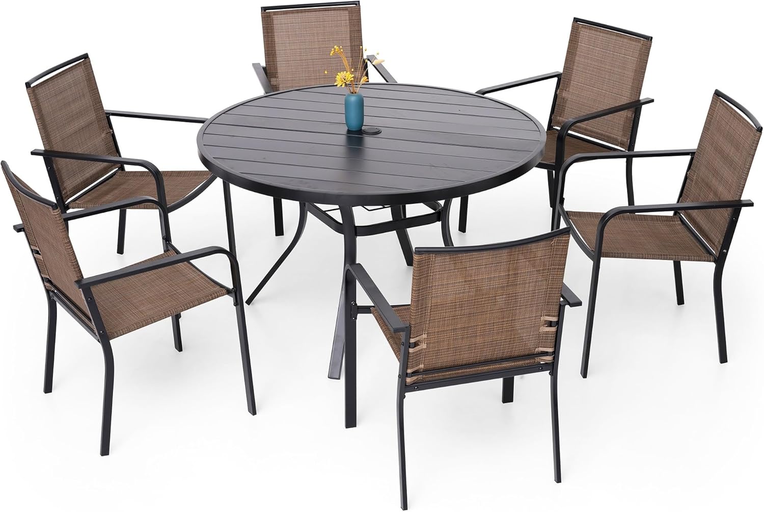 7-Piece Outdoor Dining Set, 6 Stackable Chairs & 48'' Round Table w/Umbrella All Weather Furniture Set for Lawn,Deck,Backyard -Brown