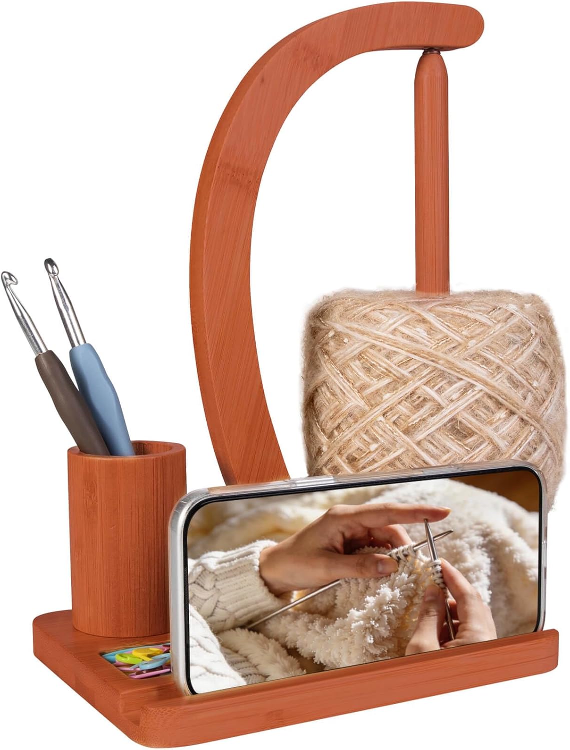 SPEENSUN Yarn Holder for Crochet, Bamboo Yarn Spinner with Magnetic Rotating Anti-Tangle Design, 1.1lbs Capacity, 3-in-1 Storage for Hooks/Markers, Phone Stand, Best Crochet Accessories Gifts
