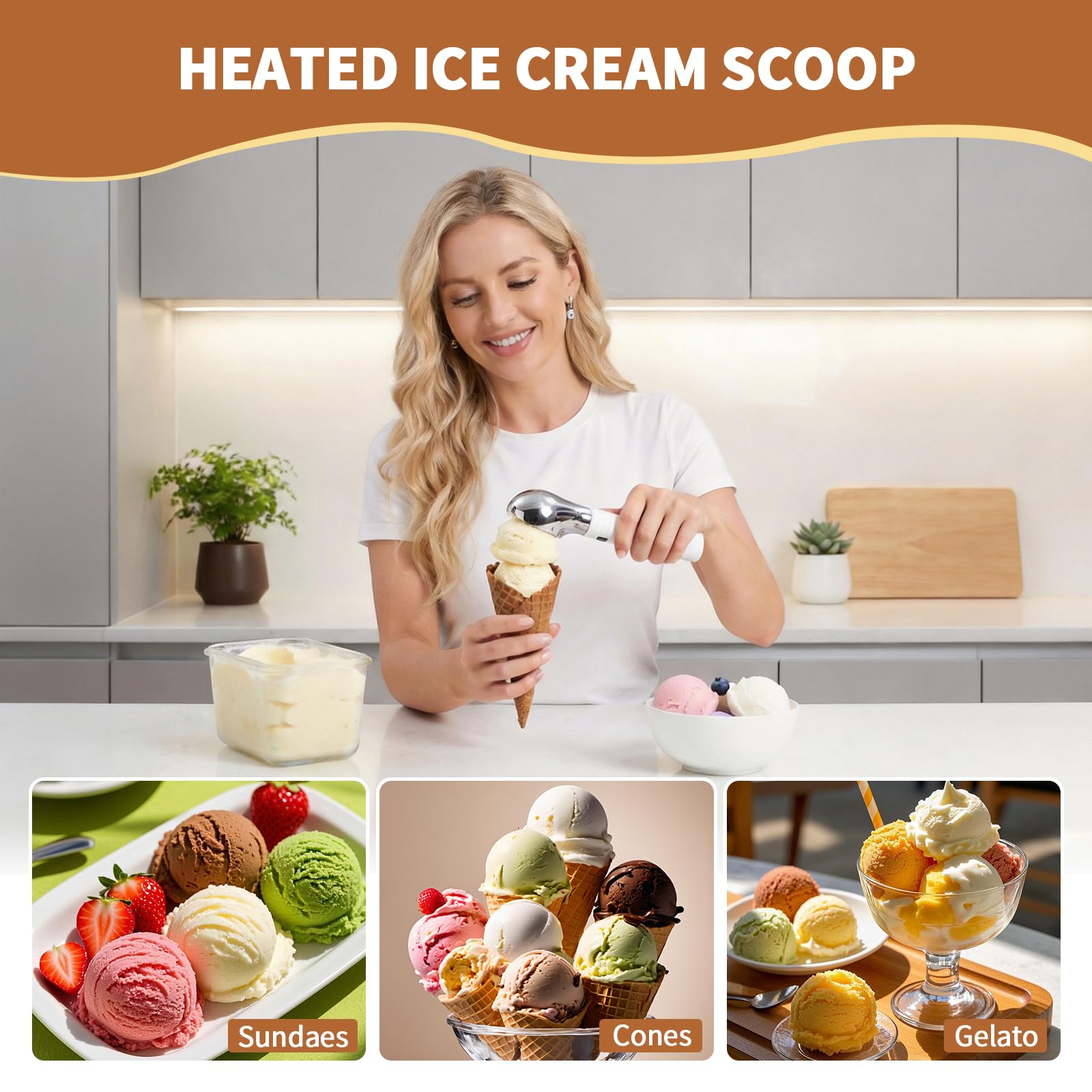Paletta per Gelato Riscaldata,Cucchiaio per Gelato Riscaldabile Elettrico con 2 Livelli di Calore 55/70°C Display LED Porzionatore per Gelato Riscaldato per Gelato Duro Artigianale,Impermeabile IP68