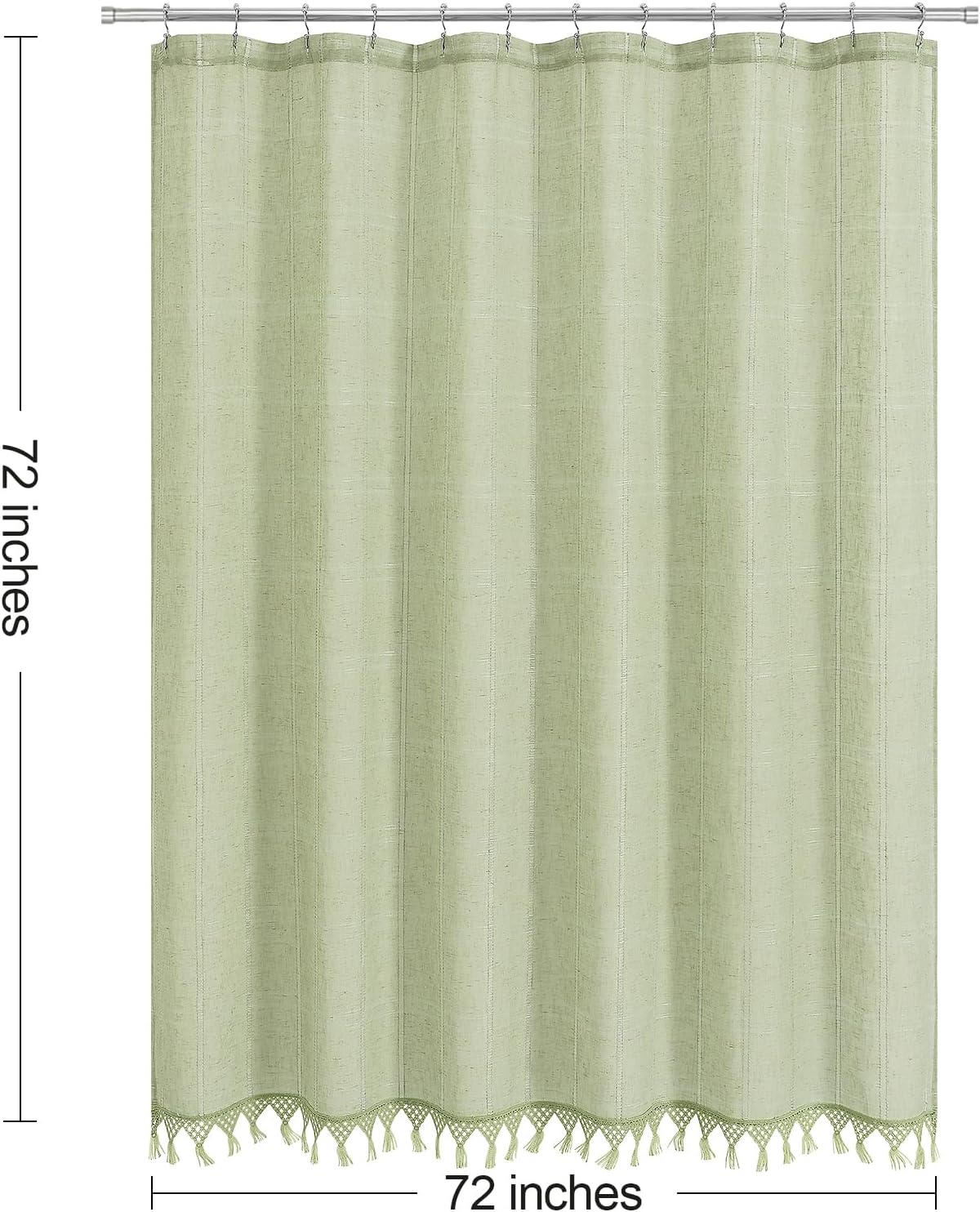 Linen Boho Farmhouse Shower Curtain Set with Tassel, Modern Bohemian French Country Chic Bathroom Shower Curtain Set with PEVA Liner, Cotton Luxury Fabric Shower Curtain,72x72 - Green
