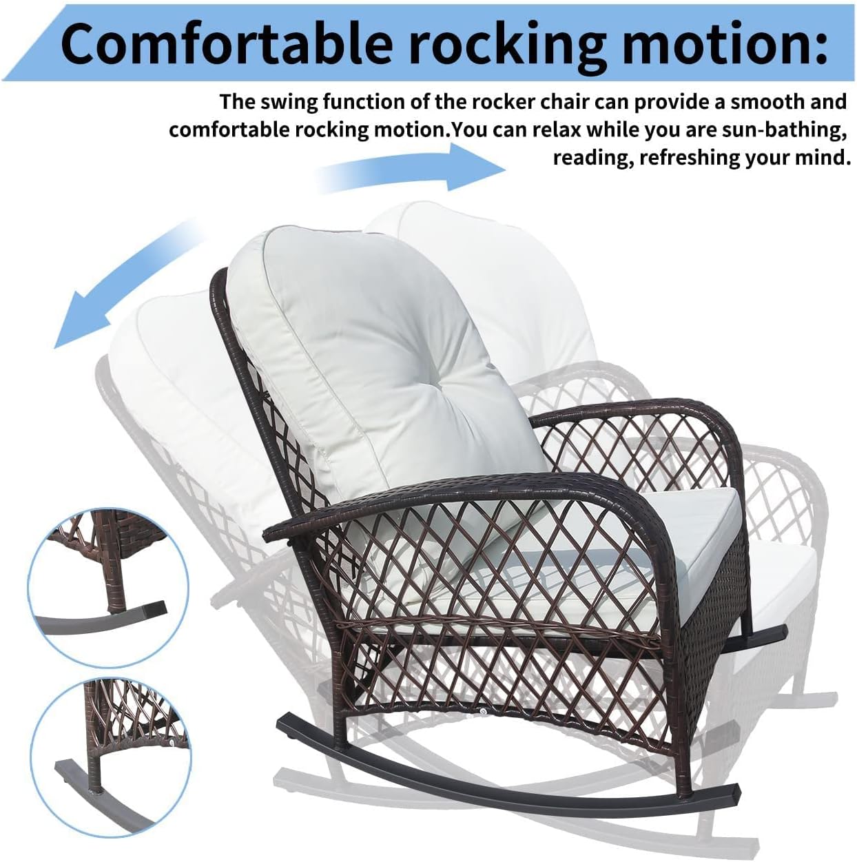 Outdoor Wicker Rocking Chair, Rattan Patio Rocker Chair with Cushion, Garden Rattan Sofa All-Weather Patio Rocker Chairs Weight Capacity 330lbs - Brown with White Cushion