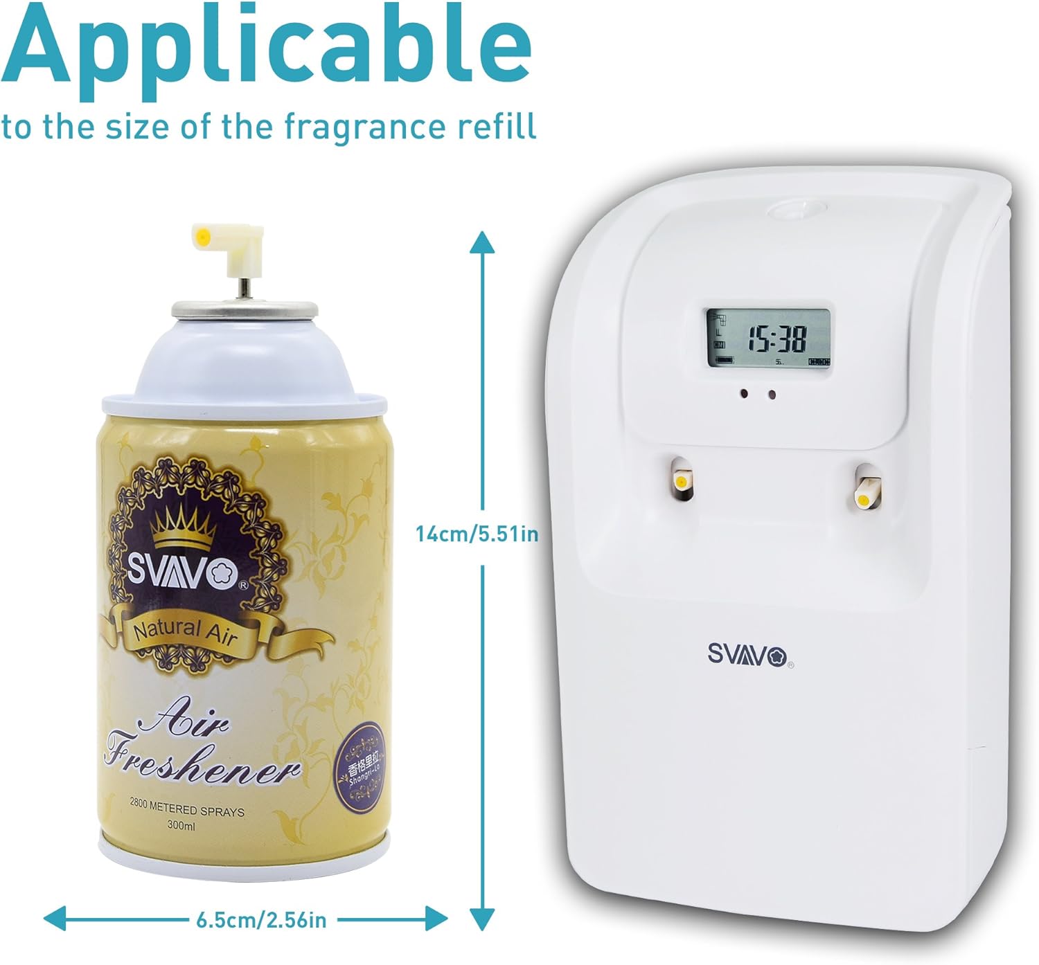 SVAVO Automatic Air Freshener Dispenser with a standard aerosol can for size comparison