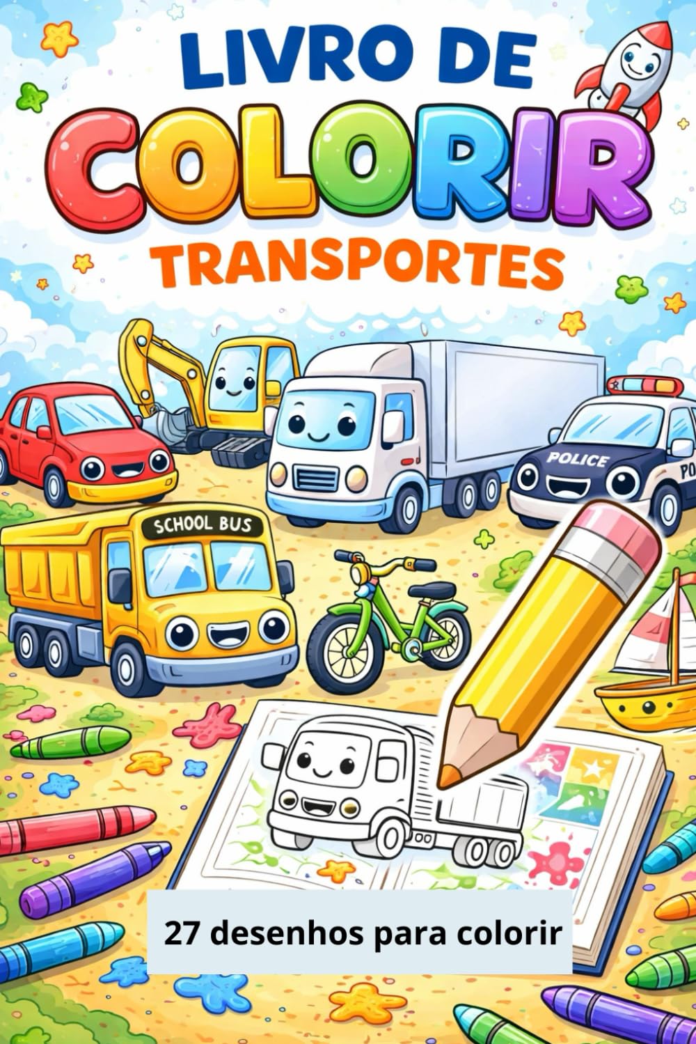 Livro de Colorir Infantil – Transportes: Carros, caminhões, aviões e outros veículos para crianças de 2 a 6 anos