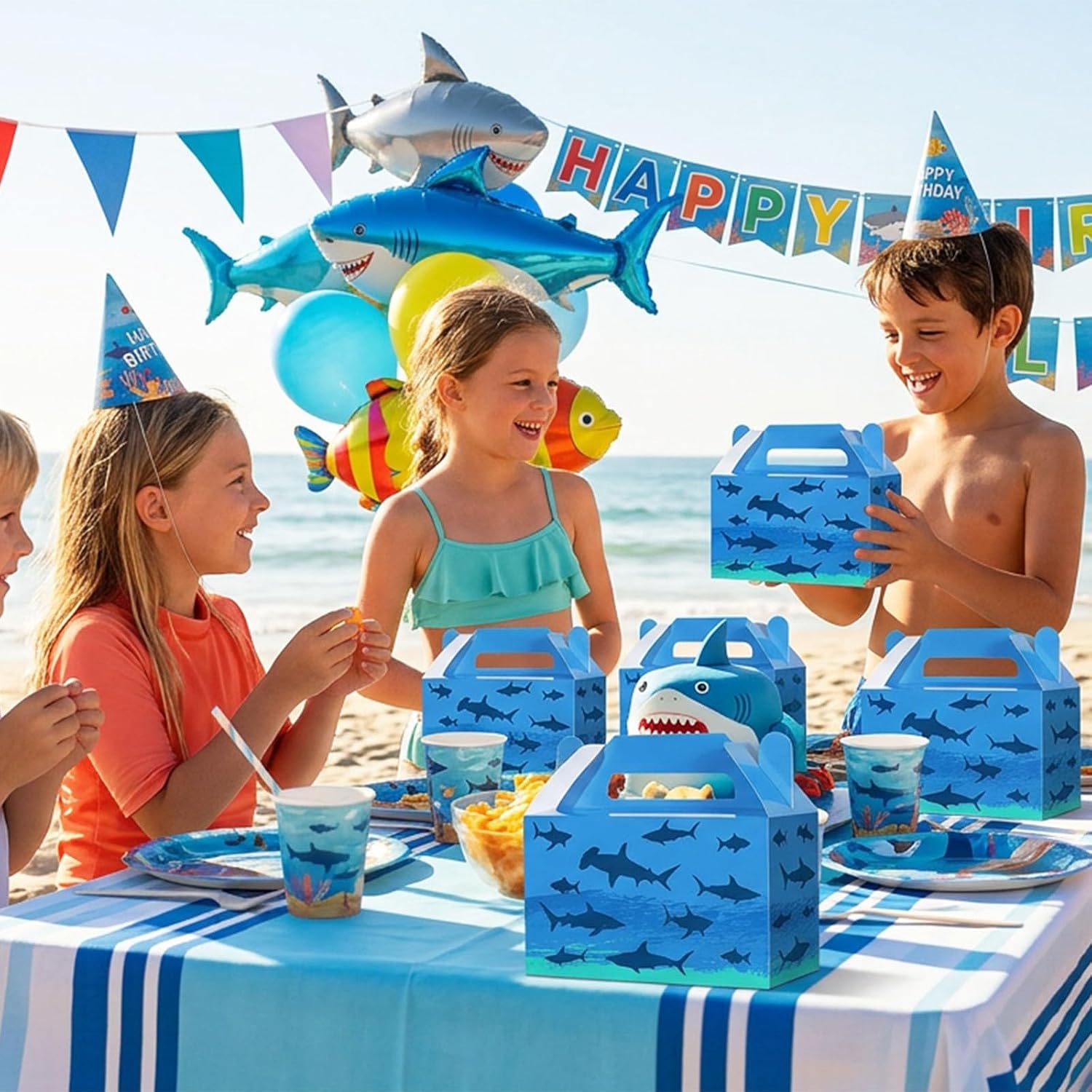 24PCS Shark Party Favors Bags Shark Gift Bags Summer Ocean Animal Goodie Boxes Under the Sea Candy Treat Boxes with Handles for Kid Sea Animal Beach Pool Ocean Baby Shower Party Decor Supplies