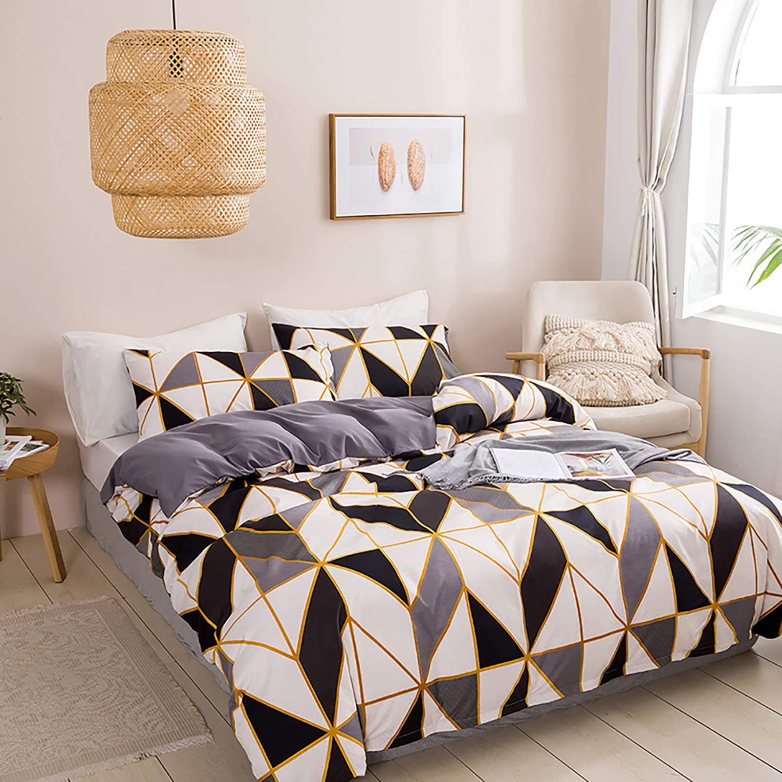 Geométrica Diseño Funda Nordica Funda para Edredón 220 x 240 cm con 2 Fundas de Almohada 50x75cm Juego Ropa para Cama 135/150 Cuadros Rayas Conjunto Fundas Nórdica Microfibra Gris Negra