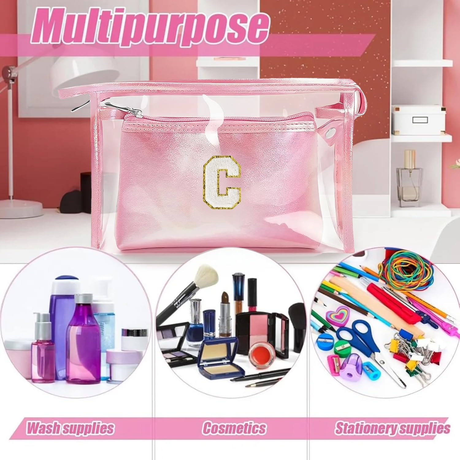2 Pezzi Beauty Case da Viaggio Trasparente, Trousse Trucchi Donna, Borsa da Toilette in PU-PVC, Borse da Viaggio Impermeabile, Borsa Cosmetici Regalo Compleanno Natale Ideale per Donne Ragazze Rosa K