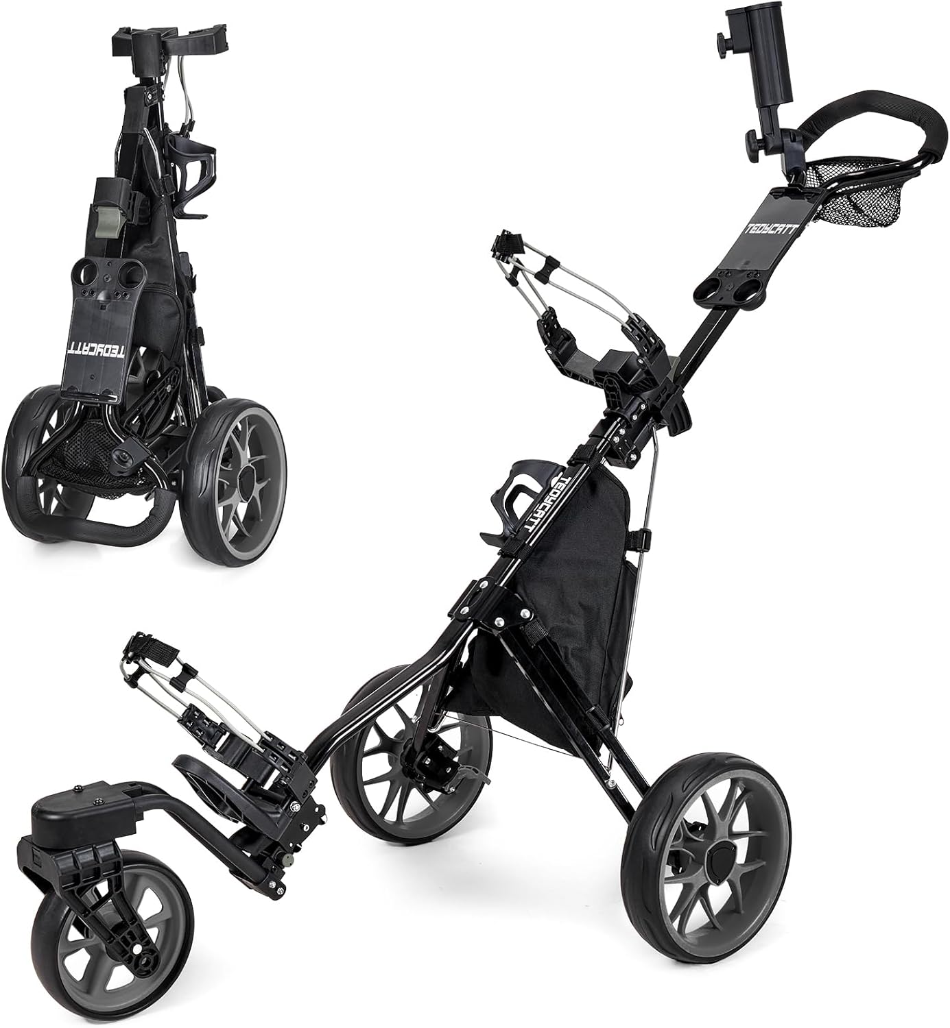 360 Golf Pull Cart: Lightweight Folding Swivel 3 Wheels Golf Caddy with Foot Brake, Cooler Bag, Drink& Umbrella Holder