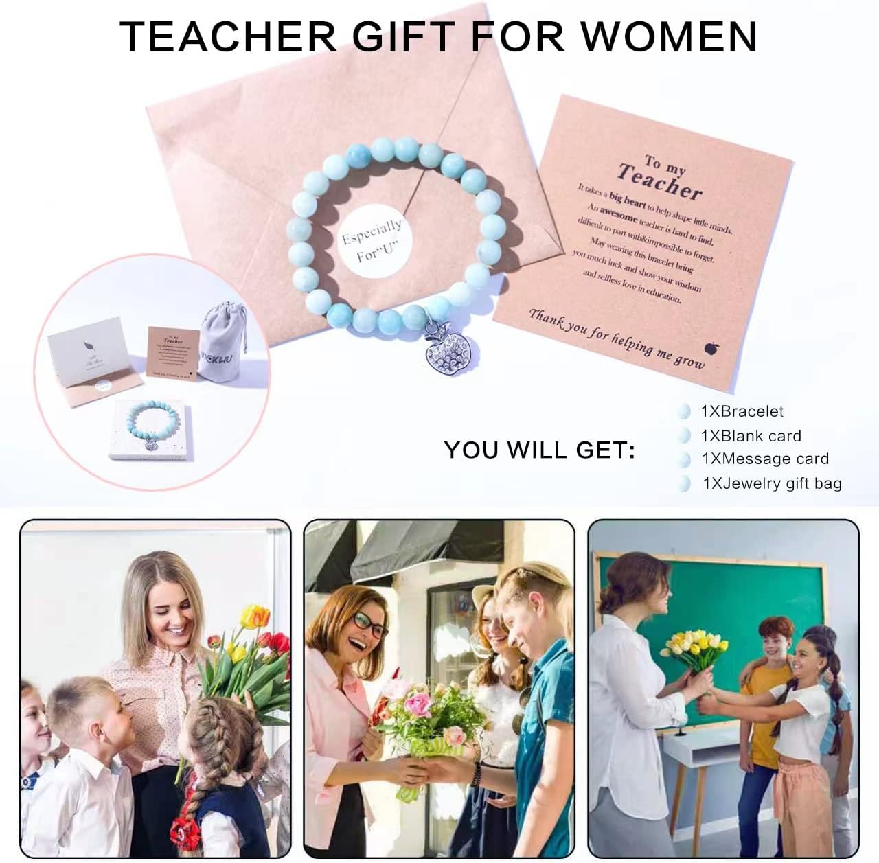 VICKHU Teacher appreciation gifts,Natural Stone teacher Bracelet gifts for women,thank you gifts for teacher meaningful gifts for women with gift message card - Image 4