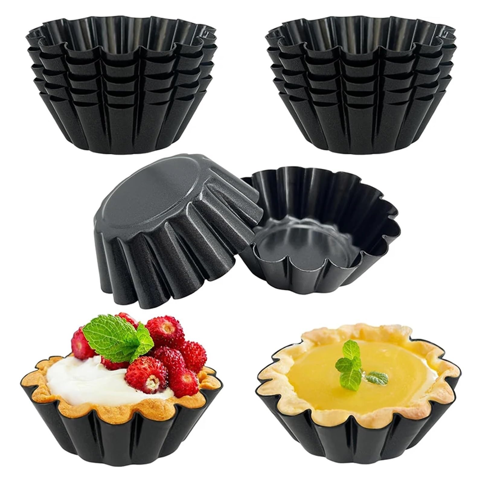 Molde para tartaletas de acero al carbono Moldes for mini tartaletas de acero al carbono, antiadherentes, con forma acanalada, ideales for muffins, cupcakes, tartas, postres y mousses(Black 8 Pieces)