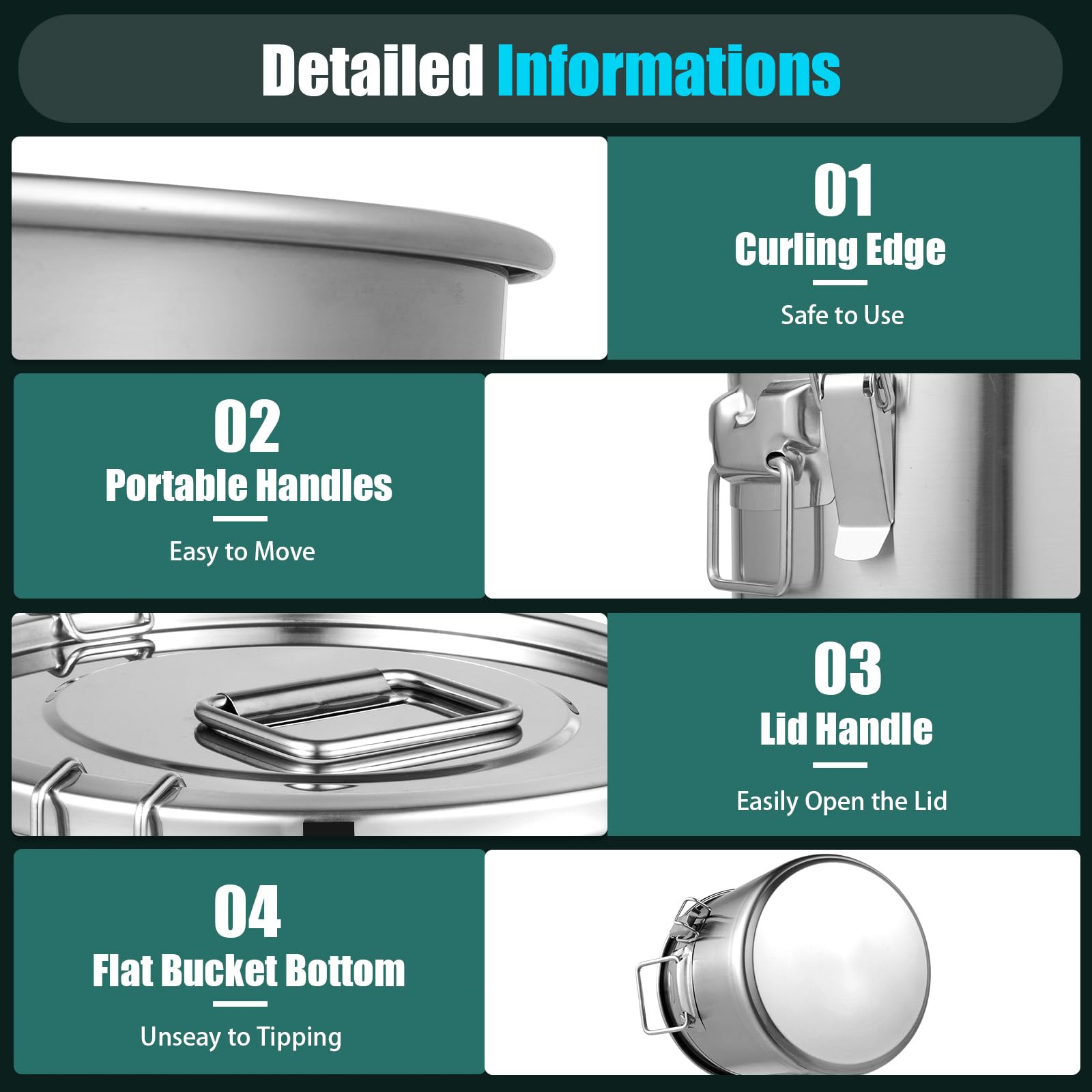 12L Stainless Steel Storage Bucket with Airtight Lid and Handles, Airtight Canister with Sturdy Locking Clamp Bucket Rice Cereal Grain Canisters Container for Flour, Cereals, Tea, Spices (12L)