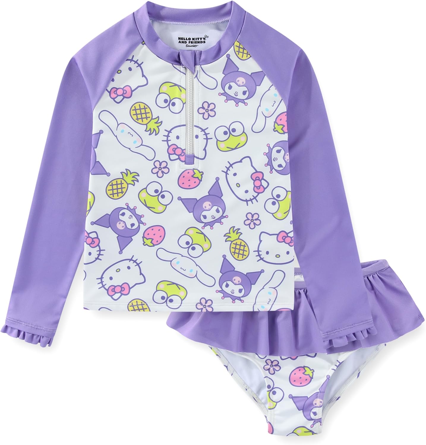 Hello Kitty Sanrio and Friends Girls UPF 50+ Long Sleeve Rash Guard and Bikini Bottom Two Piece Swimsuit Set for Little Kids