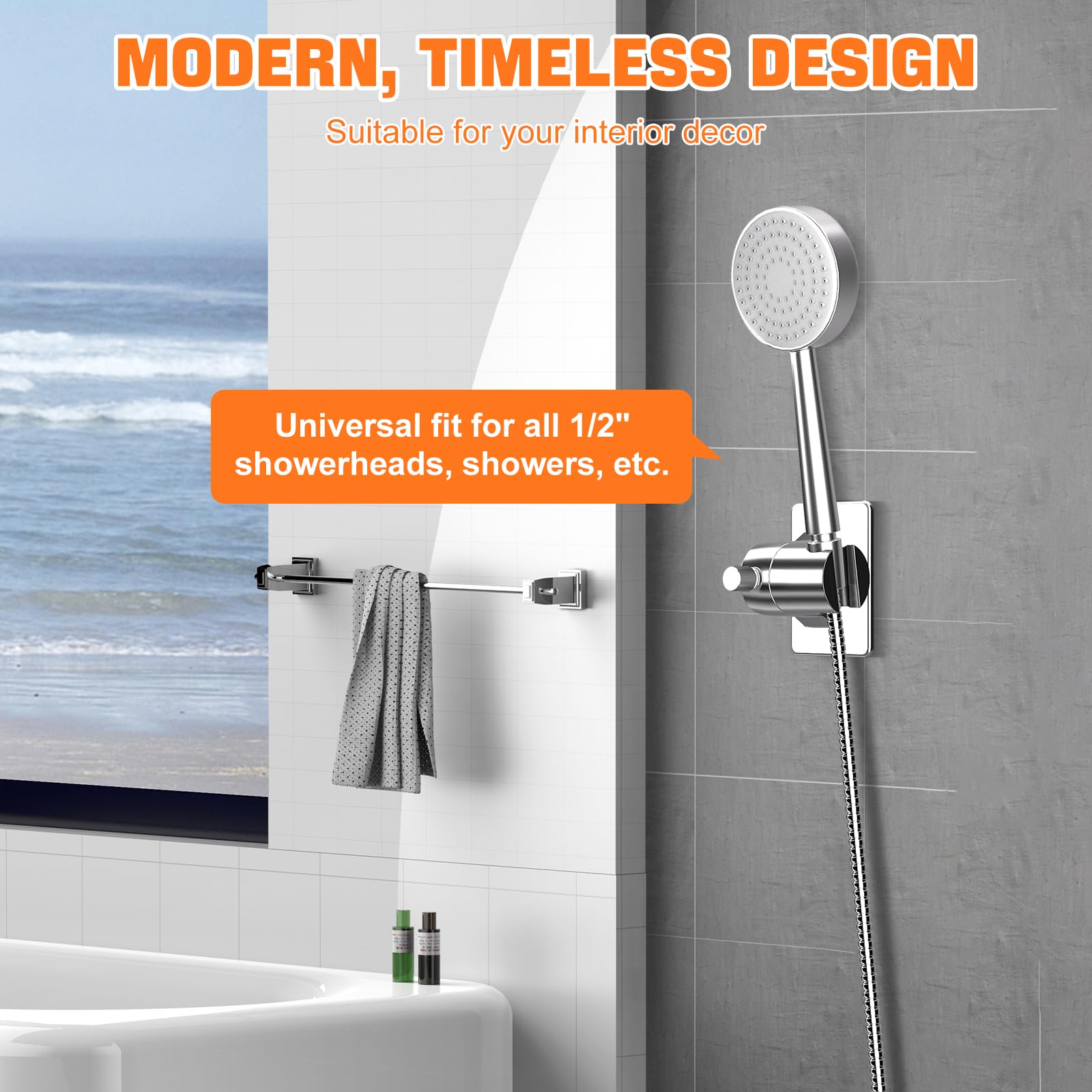 Support De Douchette Mural Universel Sans Perçage - Fixation Adhésive Forte, Réglable 360° - Compatible Toutes Marques