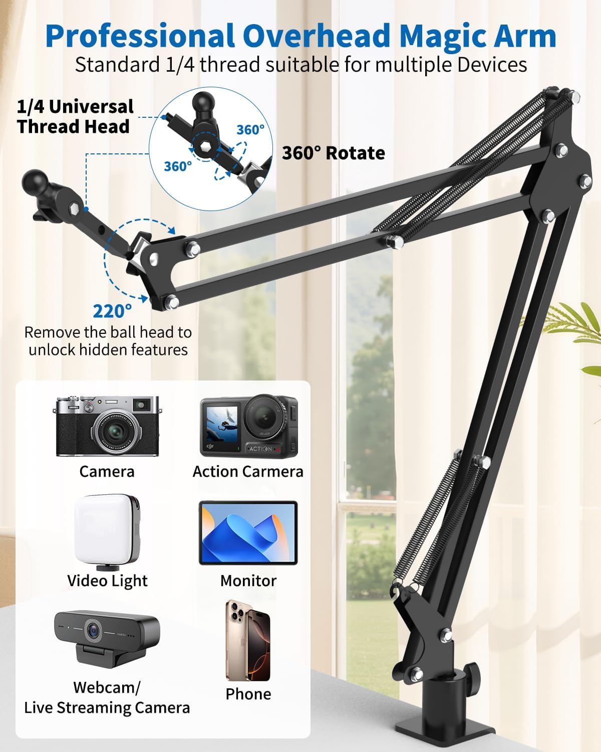 Overhead Camera Phone Mount, Desk Phone Stand for Recording, Phone Holder for Bed with Phone/Tablet/Mic Clamps, 1/4" Thread Magic Arm for DSLR, Webcam, iPad, TikTok, YouTube, Streaming, Cooking, Video