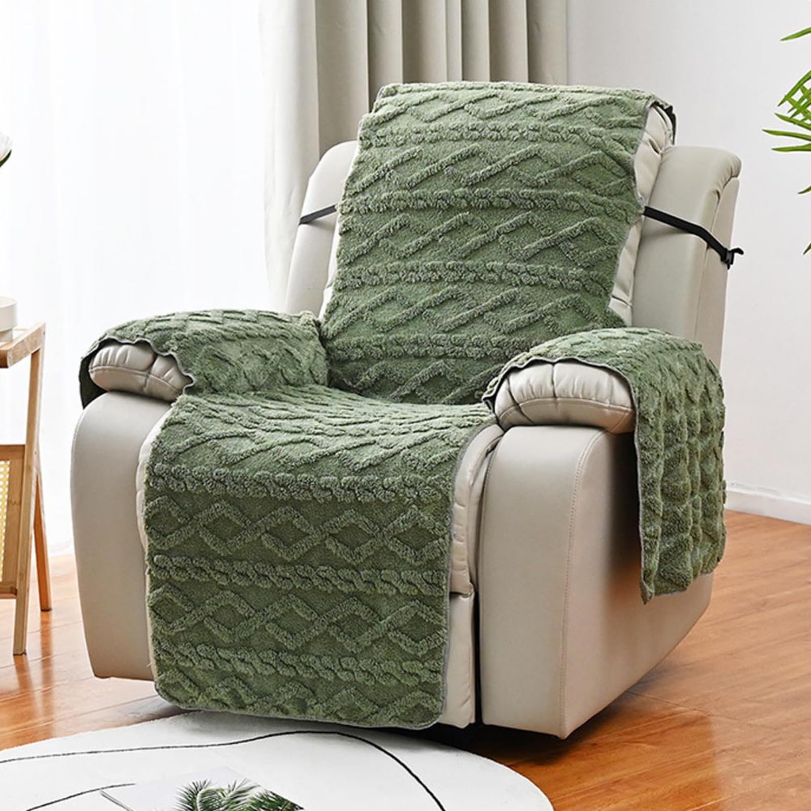 Hotfiary 23 Inches Plush Recliner Slipcover, Washable Recliner Chair Cover Furniture Protector with Elastic Straps, Artificial Wool Lazy Boy Cover, Large Beige White Gray Chair Protector for Kids/Pets