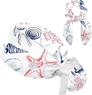 FVQL Set of 2 Bouffant Caps with Hairband Surgical Caps Scrub Cap, Seashell Starfish Hand Drawn