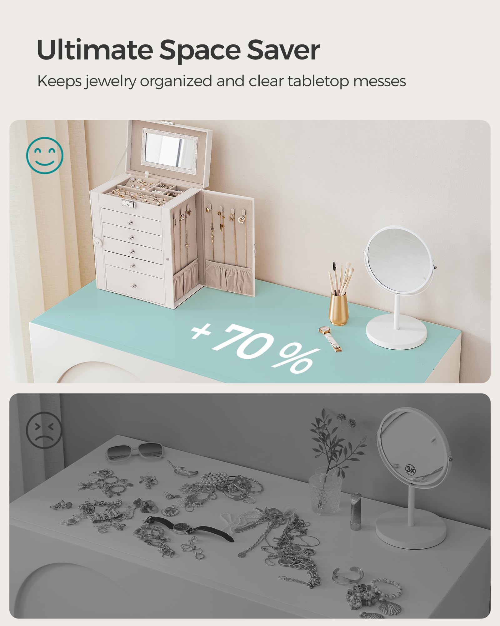SONGMICS 6 Tier Jewelry Box, Jewelry Storage Organizer with 5 Drawers, Large Storage Capacity, with Mirror, Lockable, Jewelry Case, Gift for Loved Ones, For Watches, White UJBC152W01